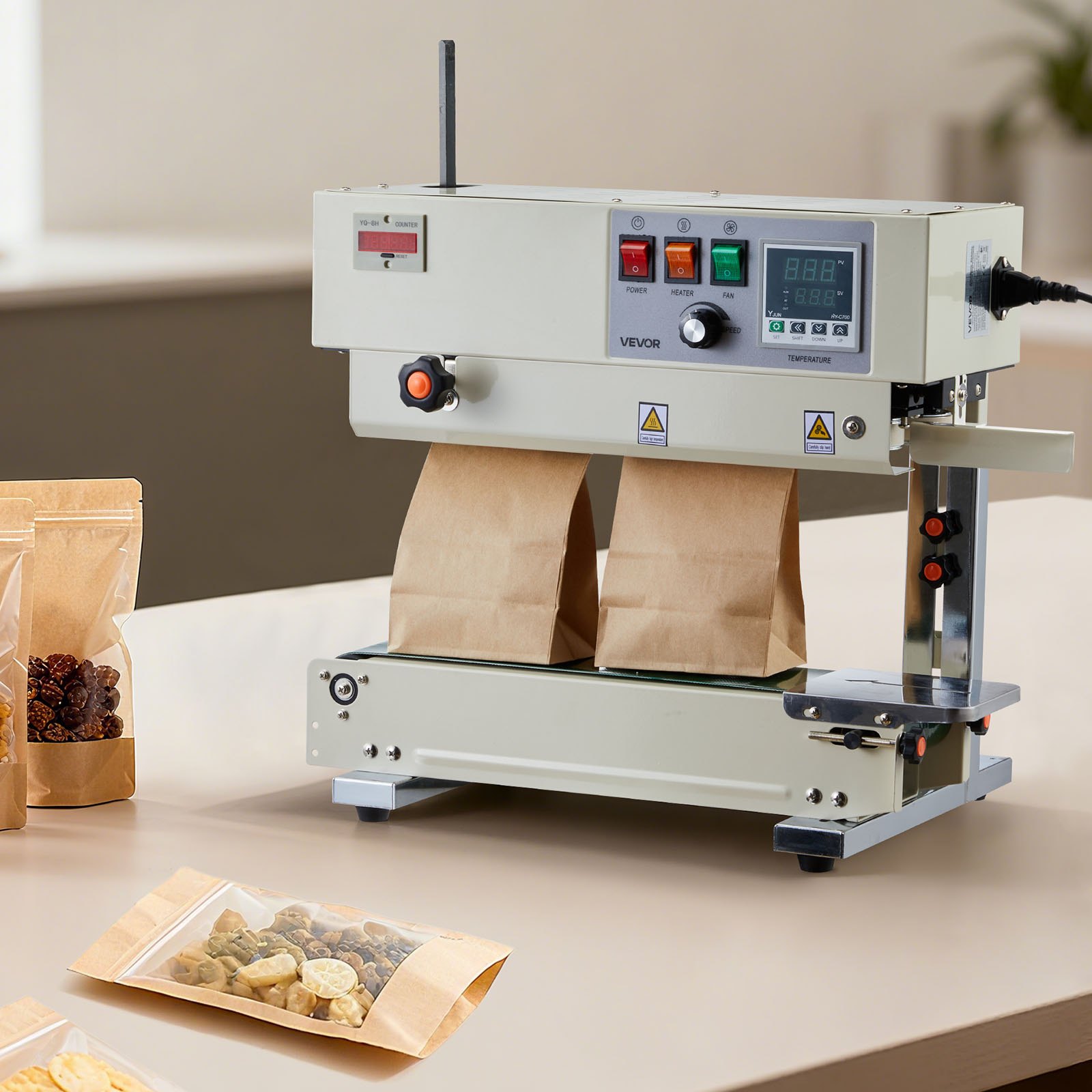 VEVOR Continuous Bag Band Sealing Machine, 6-12 mm Seal Width, Vertical Band Sealer Machine with Roller Printing , Temp & Speed Adjustable, Commercial Heat Sealer Machine for 0.03-0.8 mm Plastic Bags