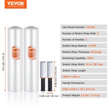 VEVOR Stretch Film, 381 mm (W) x 305 m (L), 2 Pack, 60 Gauge Industrial Strength Clear Durable Stretch Wrap Roll, Heavy Duty Shrink Film Stretch Wrap with Handles for Pallet Wrapping Shipping Moving