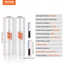 VEVOR Stretch Film, 15 inches x 1200 feet, 2 Pack, 80 Gauge Industrial Strength Clear Durable Stretch Wrap Roll, Heavy Duty Shrink Film Stretch Wrap with Handles for Pallet Wrapping Shipping Moving