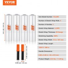 VEVOR Stretch Film, 15 inches x 1200 feet, 4 Pack, 80 Gauge Industrial Strength Clear Durable Stretch Wrap Roll, Heavy Duty Shrink Film Stretch Wrap with Handles for Pallet Wrapping Shipping Moving