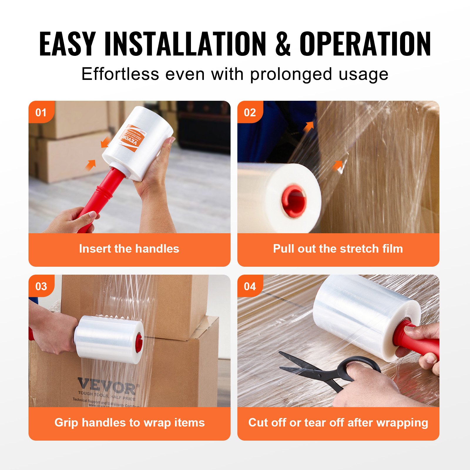 VEVOR stretch film installation and operation steps: insert handles, pull out film, wrap items, cut off film.