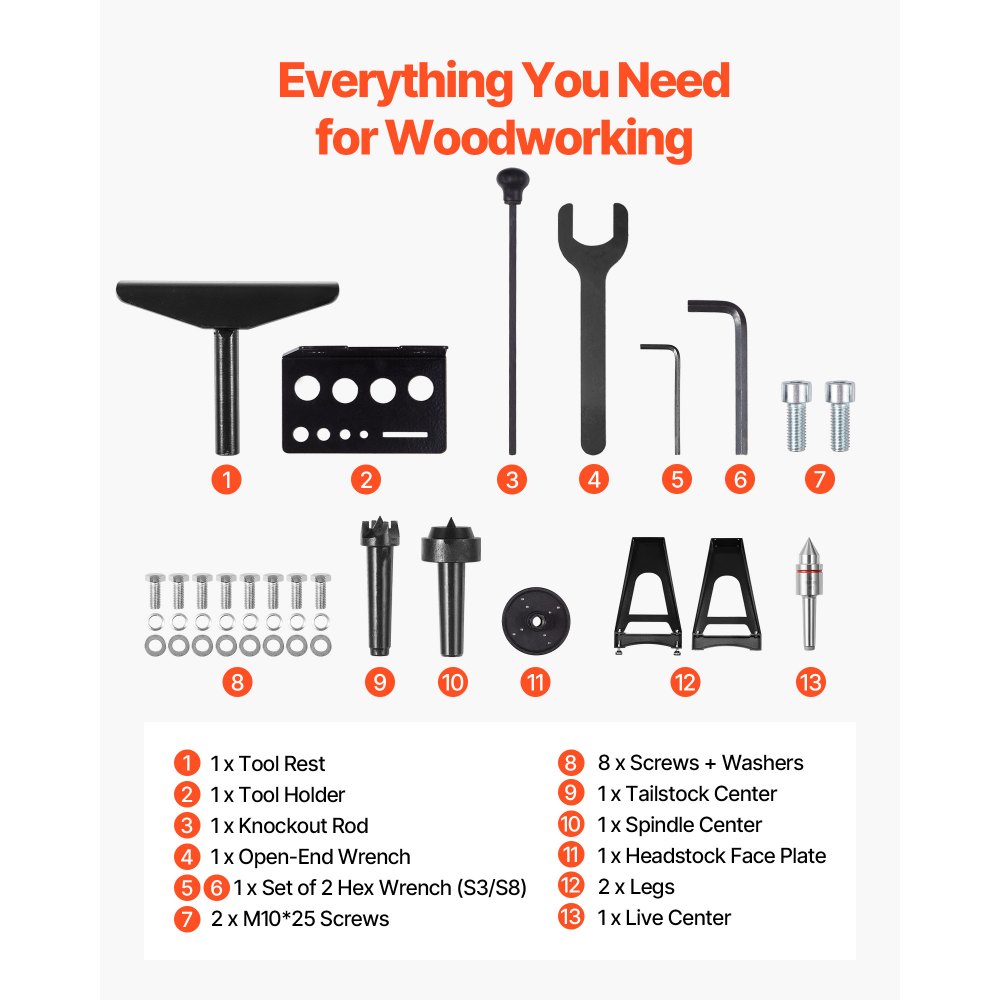 Sústruh na drevo VEVOR, 1500 W / 2 HP, sústruh na drevo s variabilnou rýchlosťou 0 až 3200 ot./min., pracovný stôl 457 x 1020 mm, bezkefový jednosmerný motor, liatinové telo, podpera nástroja, pre stredné až veľké projekty v oblasti spracovania dreva