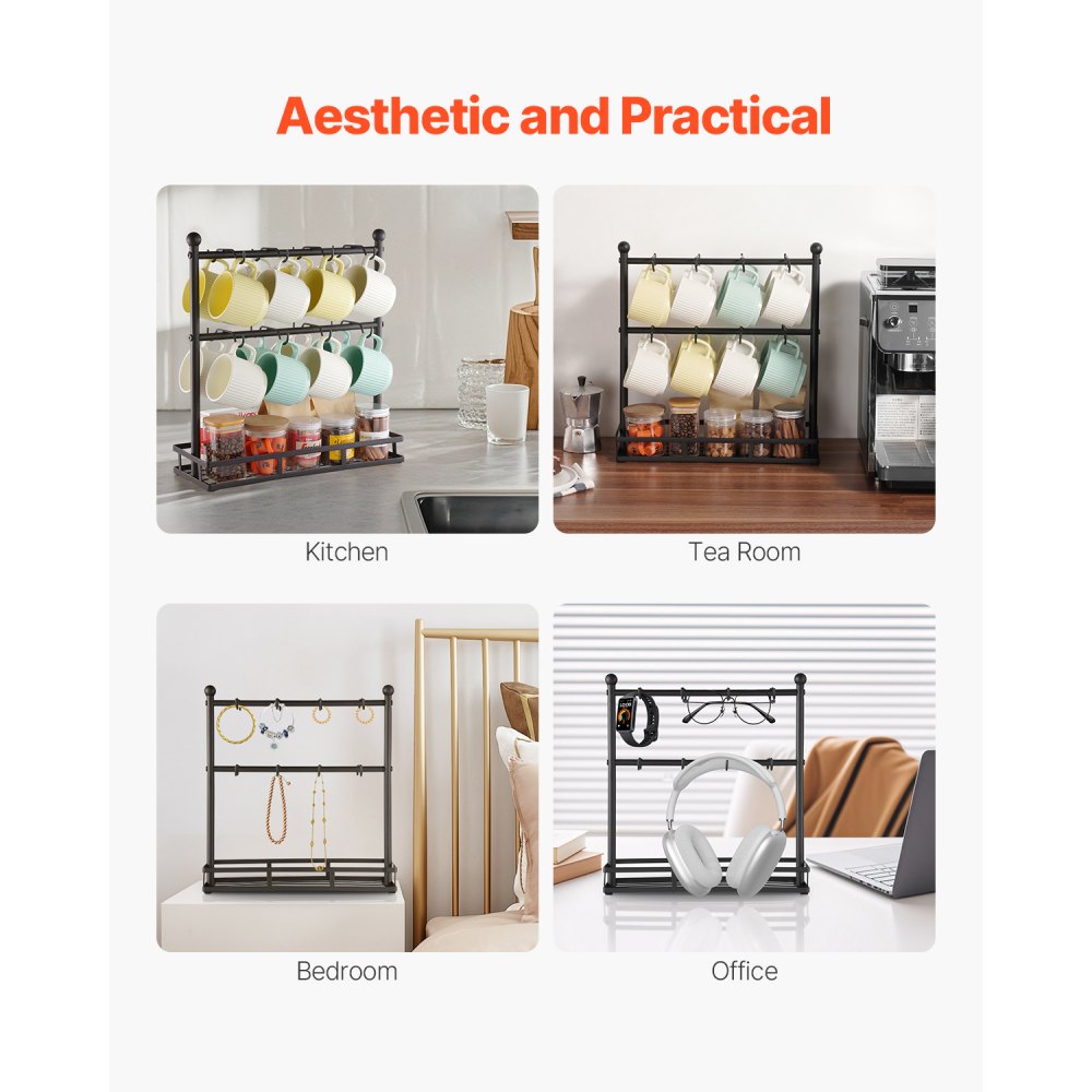 VEVOR Coffee Mug Holder for Countertop, 16 Hooks Coffee Cup Holder with Storage Base, 2 Tier Mugs Tree Rack Carbon Steel Mug Display Stand, for Home Coffee Bar Storage and Display (Matte Black)