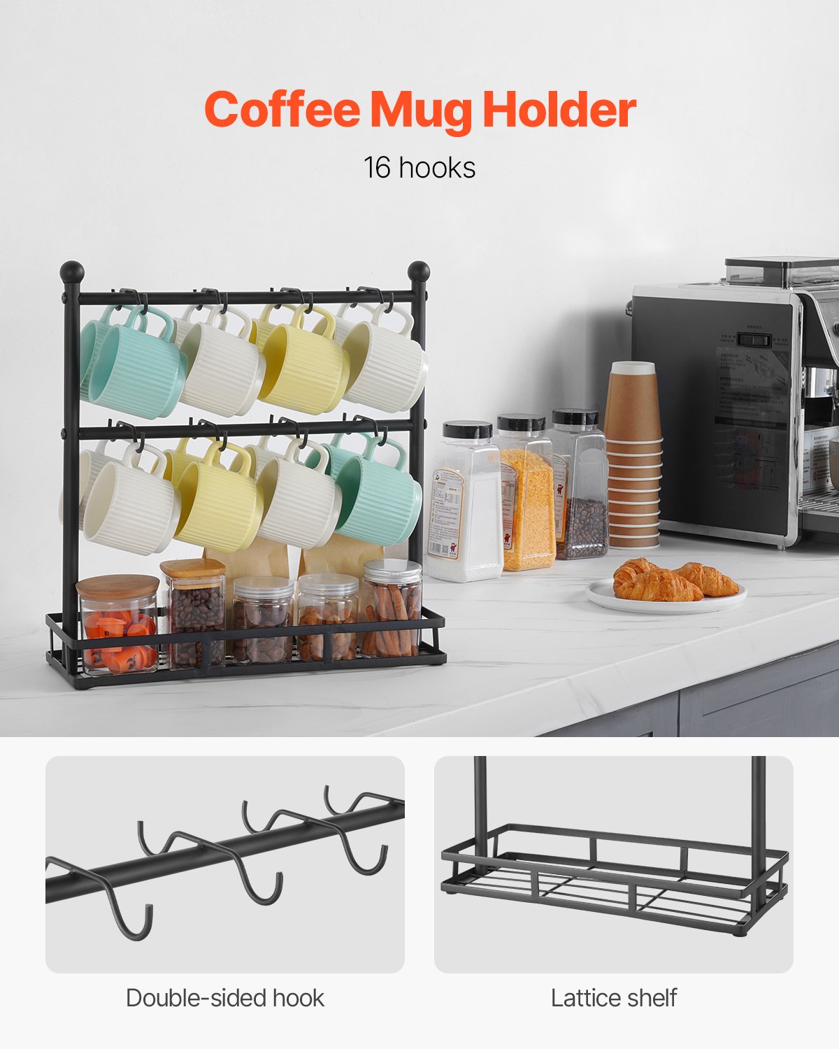 VEVOR Coffee Mug Holder for Countertop, 16 Hooks Coffee Cup Holder with Storage Base, 2 Tier Mugs Tree Rack Carbon Steel Mug Display Stand, for Home Coffee Bar Storage and Display (Matte Black)
