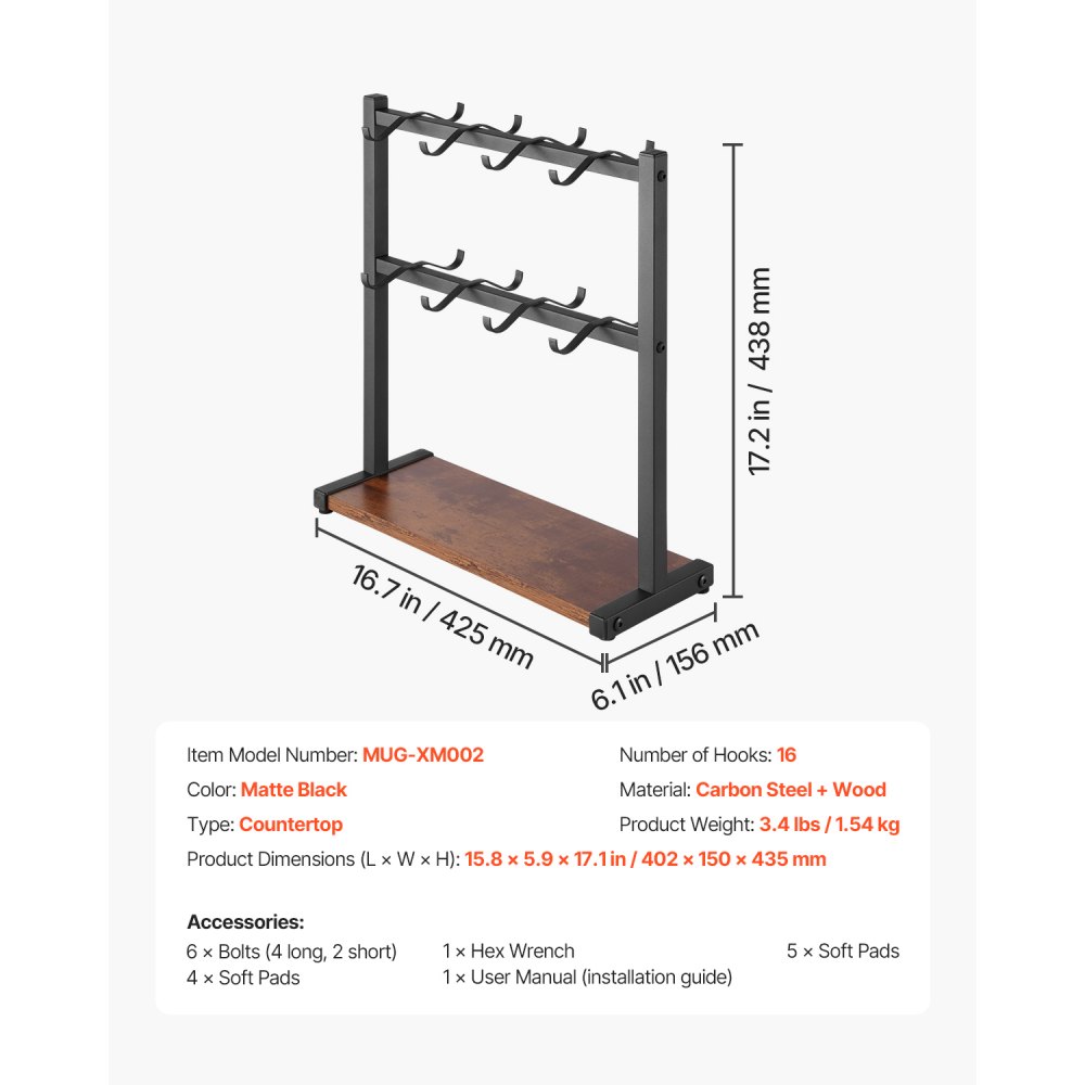 VEVOR Coffee Mug Holder for Countertop, 16 Hooks Coffee Cup Holder with Storage Base, 2 Tier Mugs Tree Rack Carbon Steel & Wood Mug Display Stand, for Coffee Bar Home Storage and Display (Matte Black)