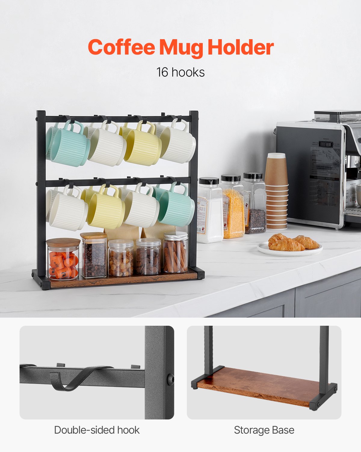 VEVOR Coffee Mug Holder for Countertop, 16 Hooks Coffee Cup Holder with Storage Base, 2 Tier Mugs Tree Rack Carbon Steel & Wood Mug Display Stand, for Coffee Bar Home Storage and Display (Matte Black)