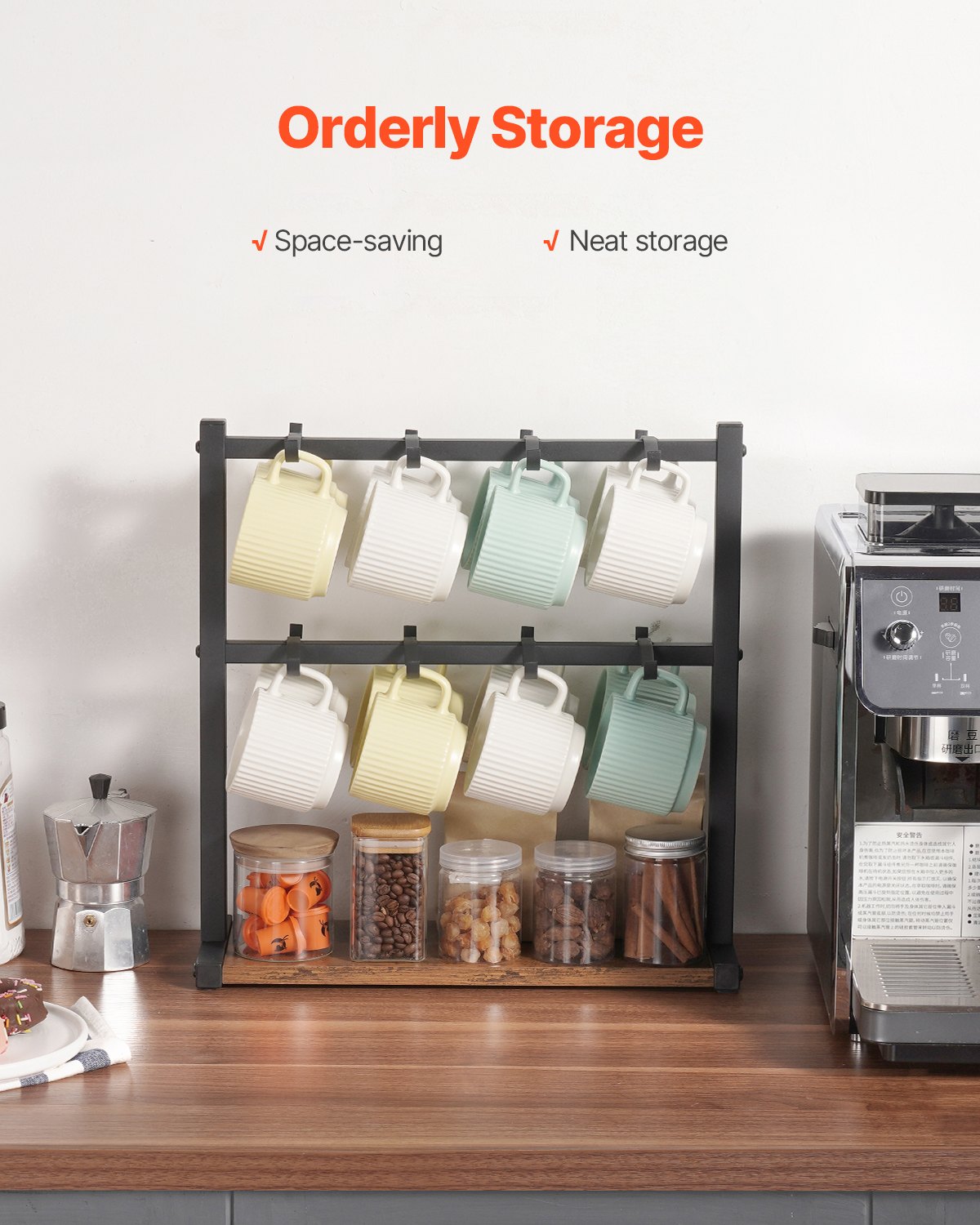 VEVOR Coffee Mug Holder for Countertop, 16 Hooks Coffee Cup Holder with Storage Base, 2 Tier Mugs Tree Rack Carbon Steel & Wood Mug Display Stand, for Coffee Bar Home Storage and Display (Matte Black)