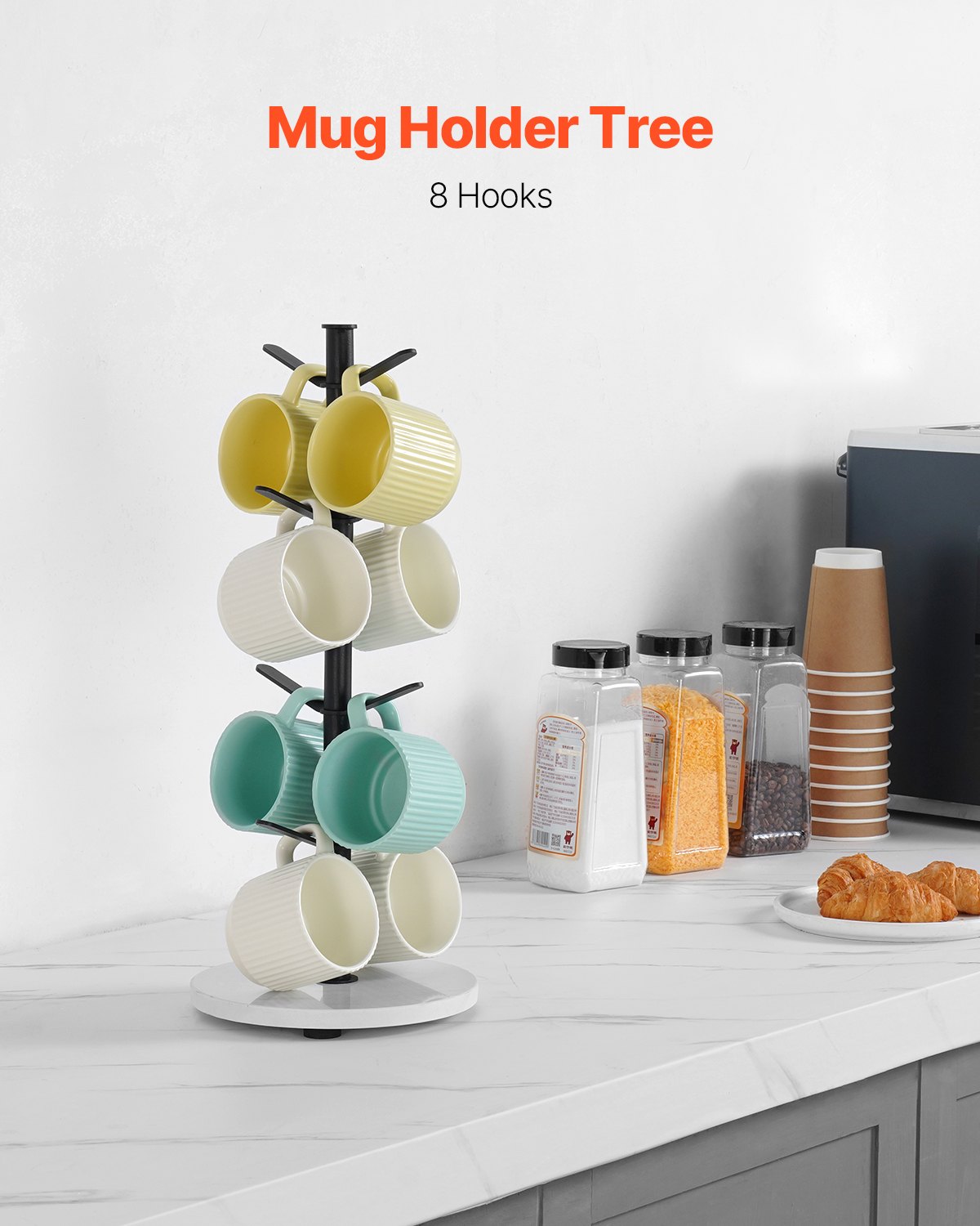 Suporte para canecas VEVOR em formato de árvore com base de mármore, suporte para xícaras de café com 8 ganchos para balcão, suporte para canecas em formato de árvore de aço carbono, suporte para xícaras de café atualizado para cafeteria, cozinha e organizador doméstico (preto fosco)