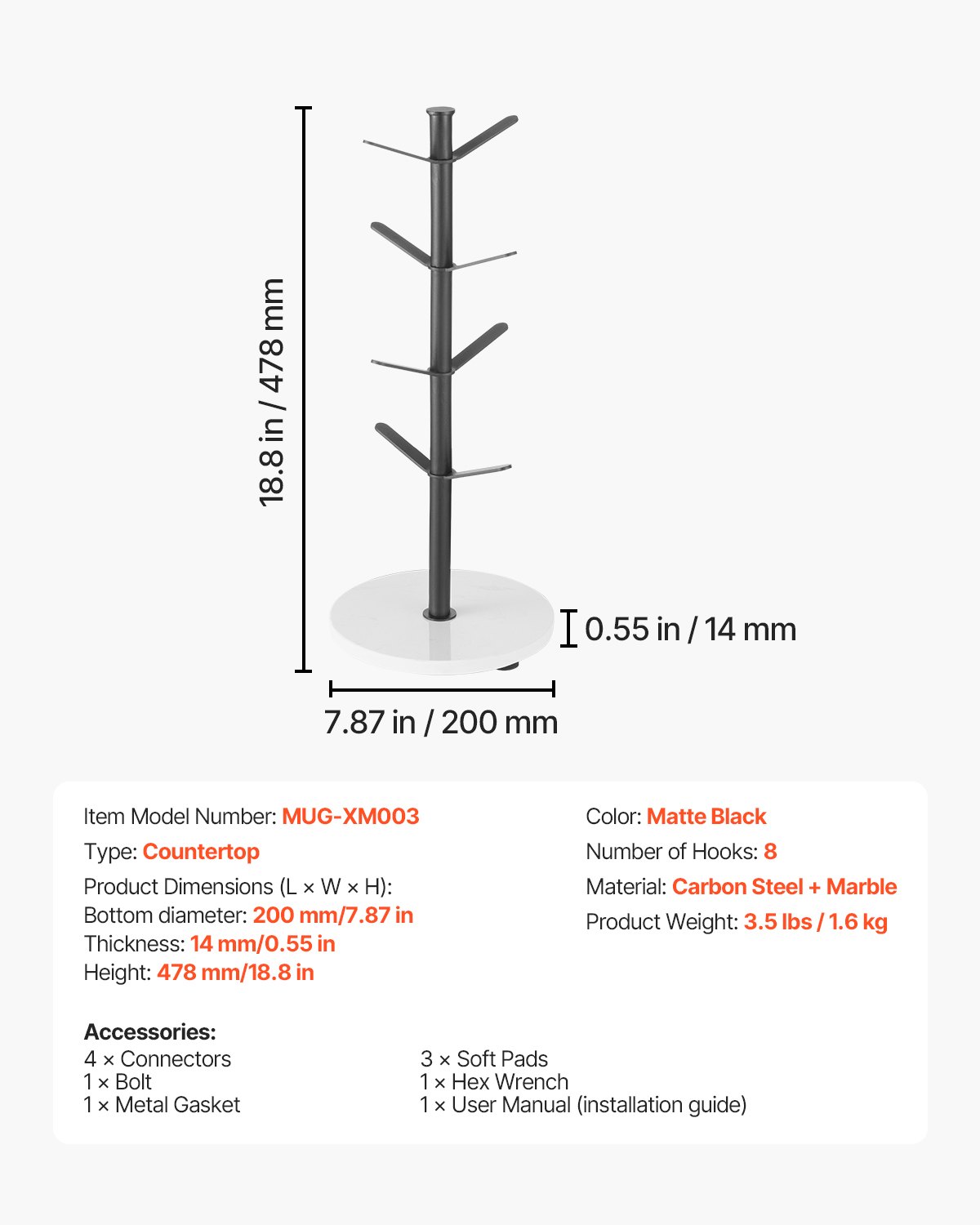 Suporte para canecas VEVOR em formato de árvore com base de mármore, suporte para xícaras de café com 8 ganchos para balcão, suporte para canecas em formato de árvore de aço carbono, suporte para xícaras de café atualizado para cafeteria, cozinha e organizador doméstico (preto fosco)