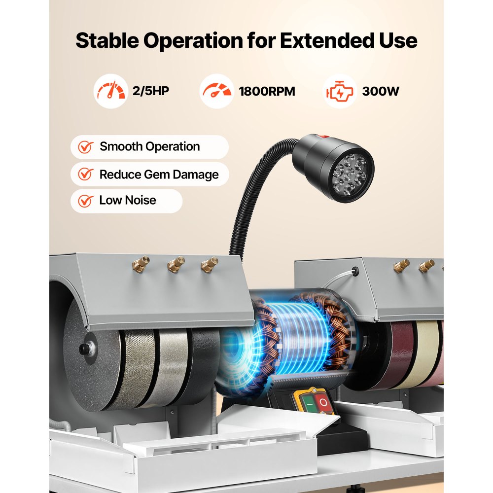 VEVOR Cabbing Machine, 6" 2/5 HP 1800 RPM Efficient, Lapidary Rock Grinder Polisher With Diamond and Resin Wheels, LED Lamp, Water System, Lapidary Equipment for Gemstone Grinding, Stone Polishing