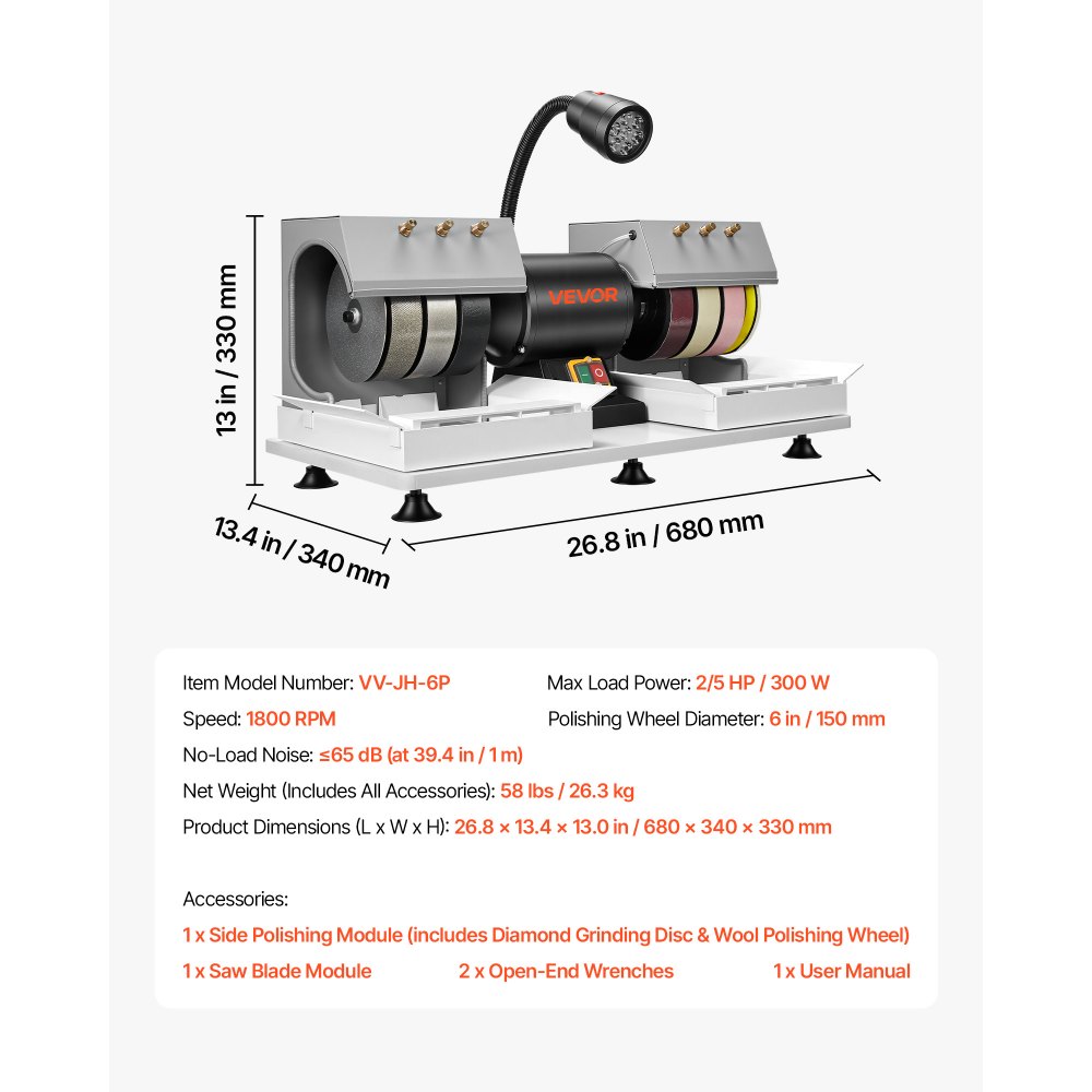 VEVOR Cabbing Machine, 6" 2/5 HP 1800 RPM Efficient, Lapidary Rock Grinder Polisher With Diamond and Resin Wheels, LED Lamp, Water System, Lapidary Equipment for Gemstone Grinding, Stone Polishing