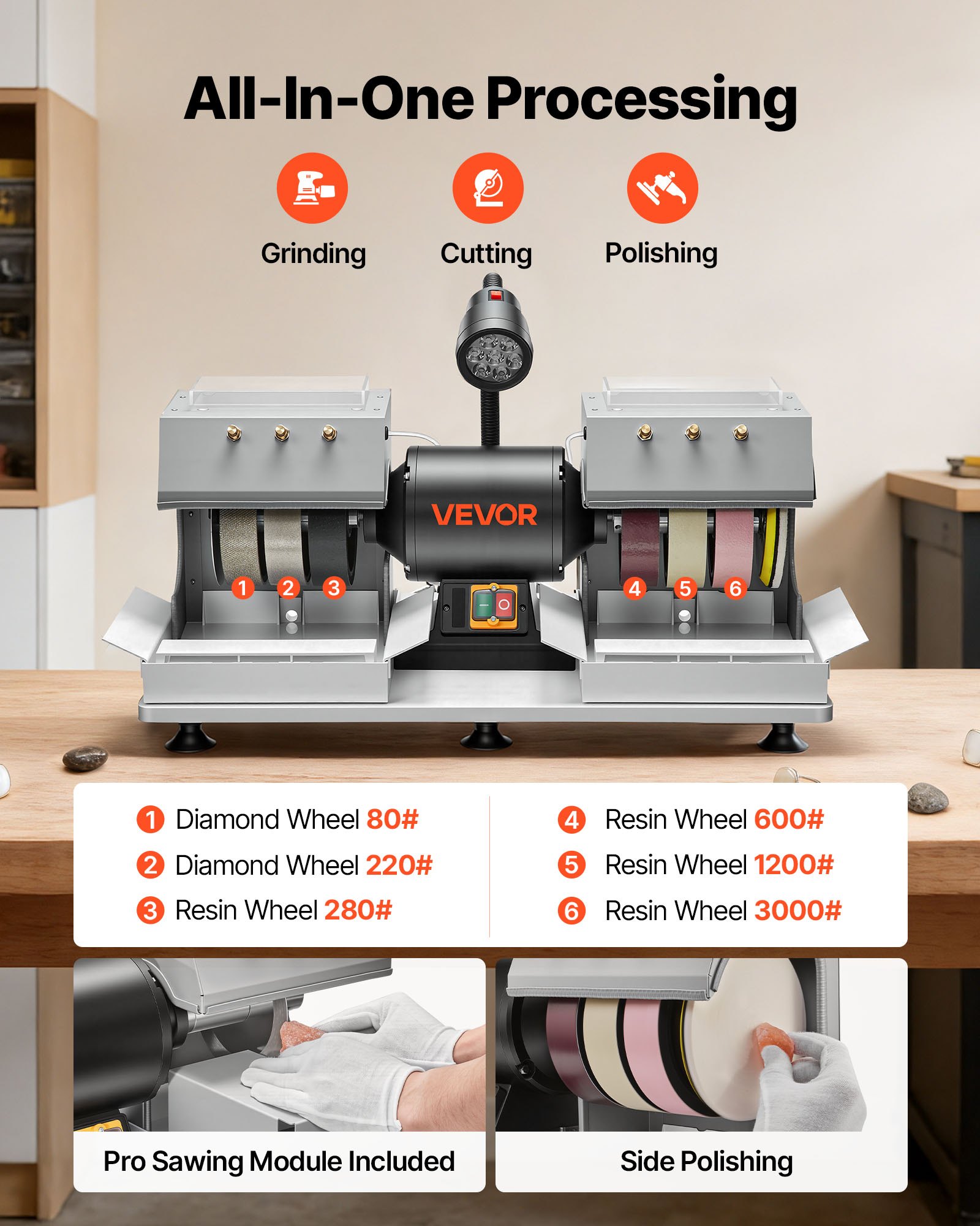 VEVOR Cabbing Machine, 6" 2/5 HP 1800 RPM Efficient, Lapidary Rock Grinder Polisher With Diamond and Resin Wheels, LED Lamp, Water System, Lapidary Equipment for Gemstone Grinding, Stone Polishing