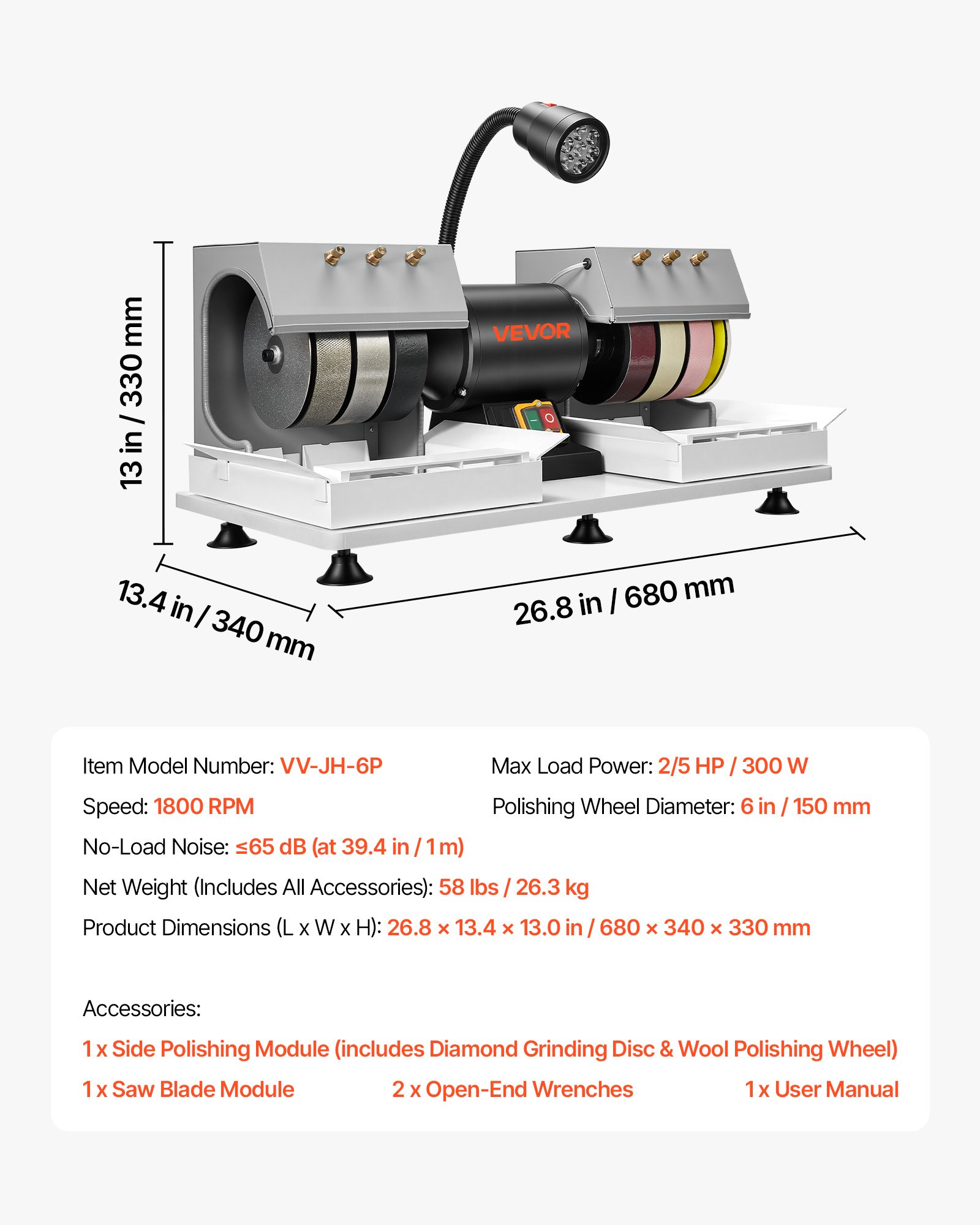 VEVOR Cabbing Machine, 6" 2/5 HP 1800 RPM Efficient, Lapidary Rock Grinder Polisher With Diamond and Resin Wheels, LED Lamp, Water System, Lapidary Equipment for Gemstone Grinding, Stone Polishing