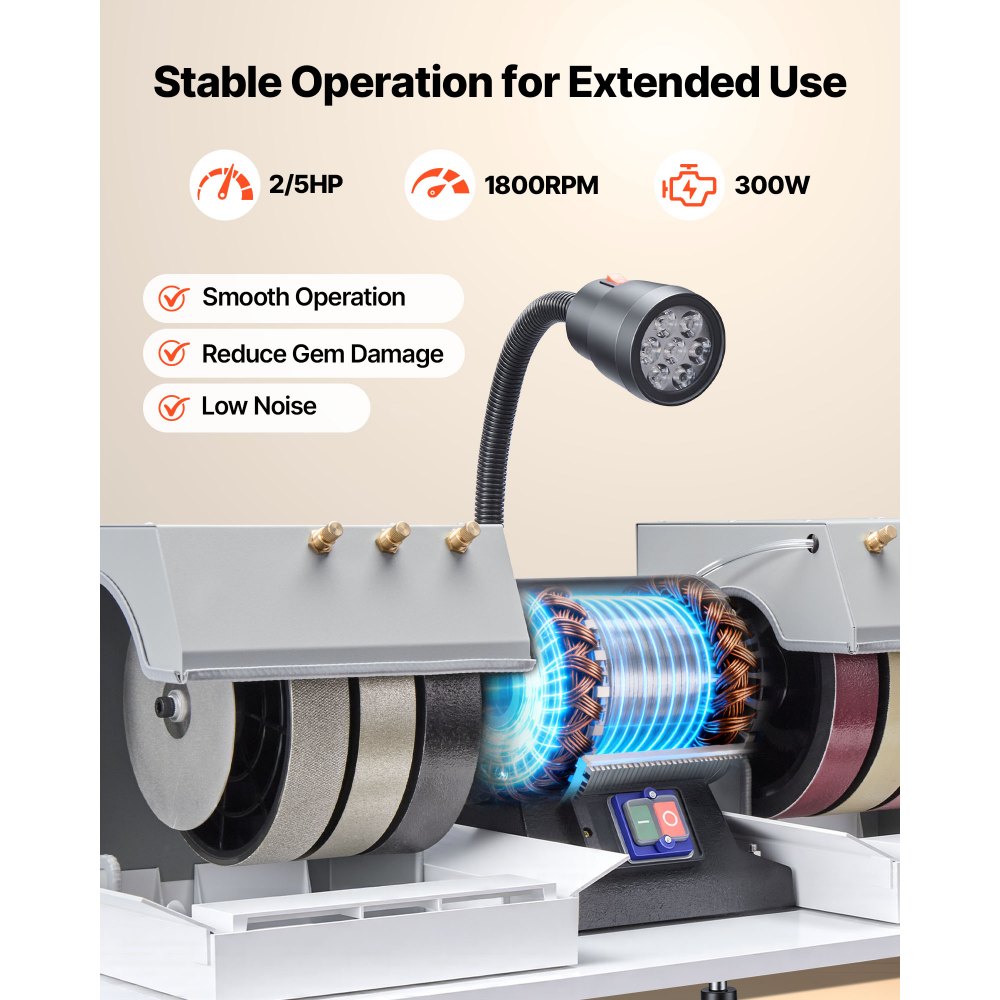 VEVOR Cabbing Machine, 8" 3/4 HP 1800 RPM Efficient, Lapidary Rock Grinder Polisher With Diamond and Resin Wheels, LED Lamp, Water System, Lapidary Equipment for Gemstone Grinding, Stone Polishing