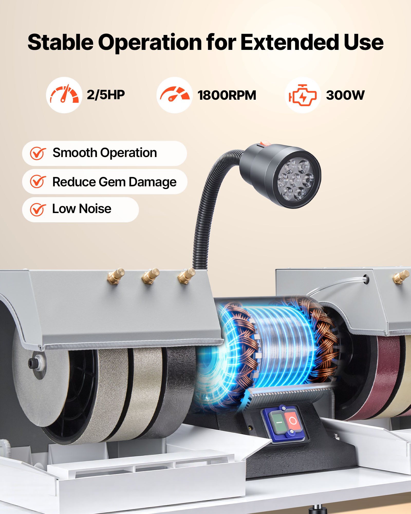 VEVOR Cabbing Machine, 8" 3/4 HP 1800 RPM Efficient, Lapidary Rock Grinder Polisher With Diamond and Resin Wheels, LED Lamp, Water System, Lapidary Equipment for Gemstone Grinding, Stone Polishing
