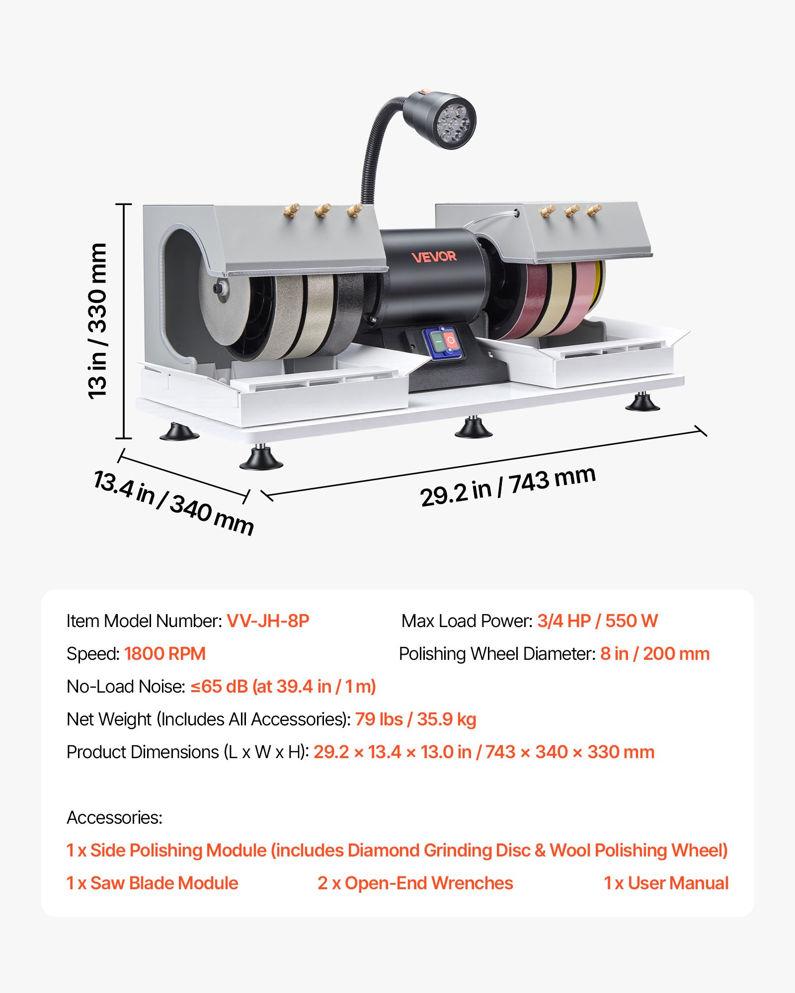 VEVOR Cabbing Machine, 8" 3/4 HP 1800 RPM Efficient, Lapidary Rock Grinder Polisher With Diamond and Resin Wheels, LED Lamp, Water System, Lapidary Equipment for Gemstone Grinding, Stone Polishing