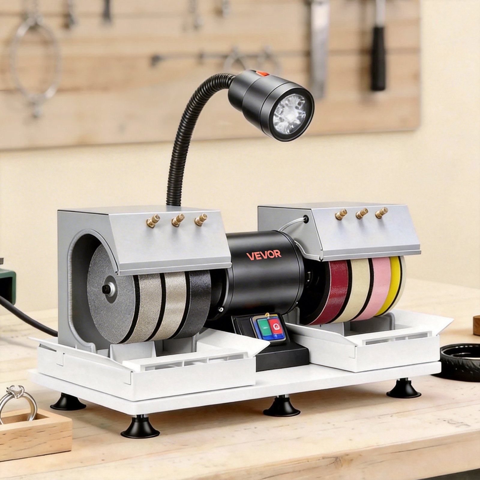VEVOR Cabbing Machine, 8" 3/4 HP 1800 RPM Efficient, Lapidary Rock Grinder Polisher With Diamond and Resin Wheels, LED Lamp, Water System, Lapidary Equipment for Gemstone Grinding, Stone Polishing