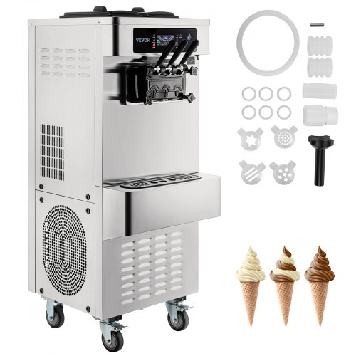 VEVOR Commercial Ice Cream Maker, 20-28L/H Yield, 2+1 Flavors Soft Serve Machine w/ Two 7L Hoppers 1.8L Cylinders Puffing Pre-Cooling Shortage Alarm, 2450W Frozen Yogurt Maker for Snack Bar Café