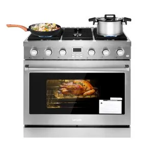 VEVOR Gas Range Oven, 35.9 Inches Width, Freestanding Stainless Steel Stove and Oven with 6 Sealed Cooktop Burners, Easy Reach Racks, Halogen Light, 6.0 Cu. Ft. Capacity, for Apartment, Home, Kitchen | VEVOR US