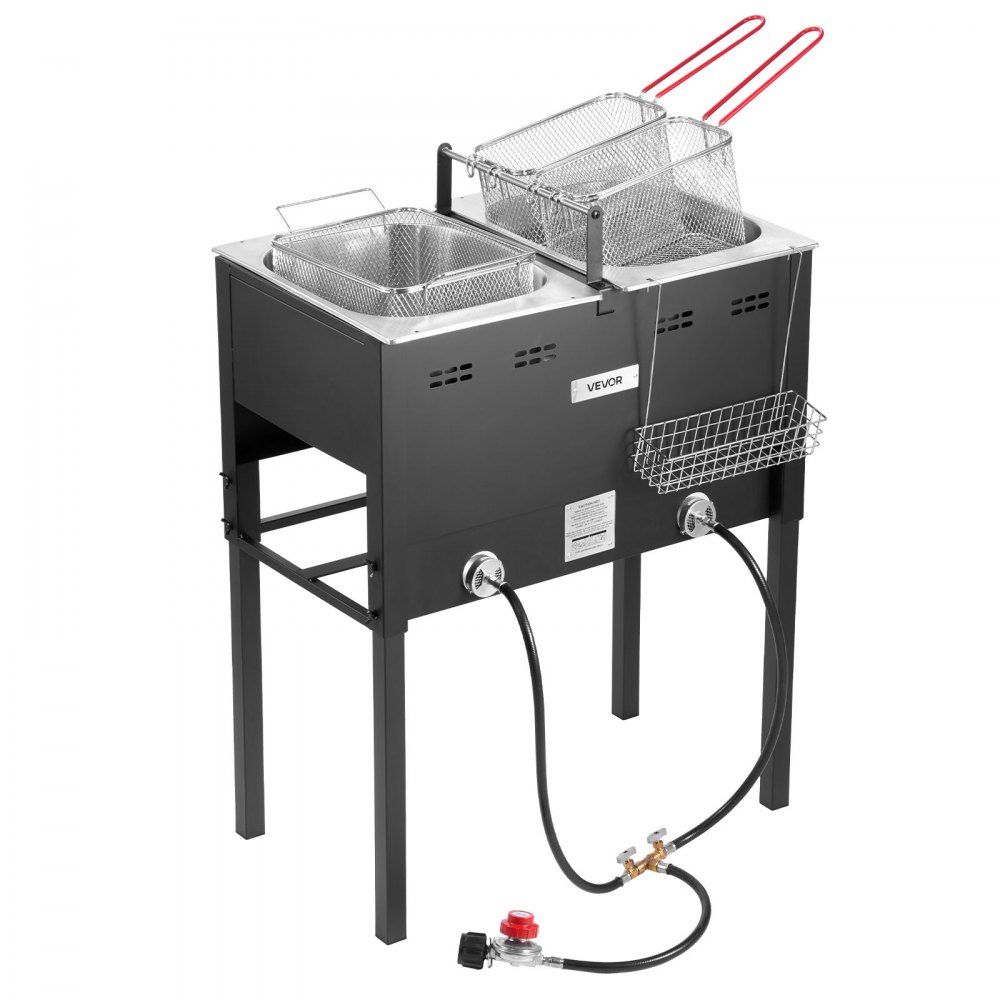 VEVOR Outdoor Propane Deep Fryer, Dual-Tank 16QTx2 Large Capacity Commercial Fryer, Stainless Steel Fish Cooker with 3 Basket, Thermometer, Floor Standing Fryers for Catering Event Camping, 50,000 BTU