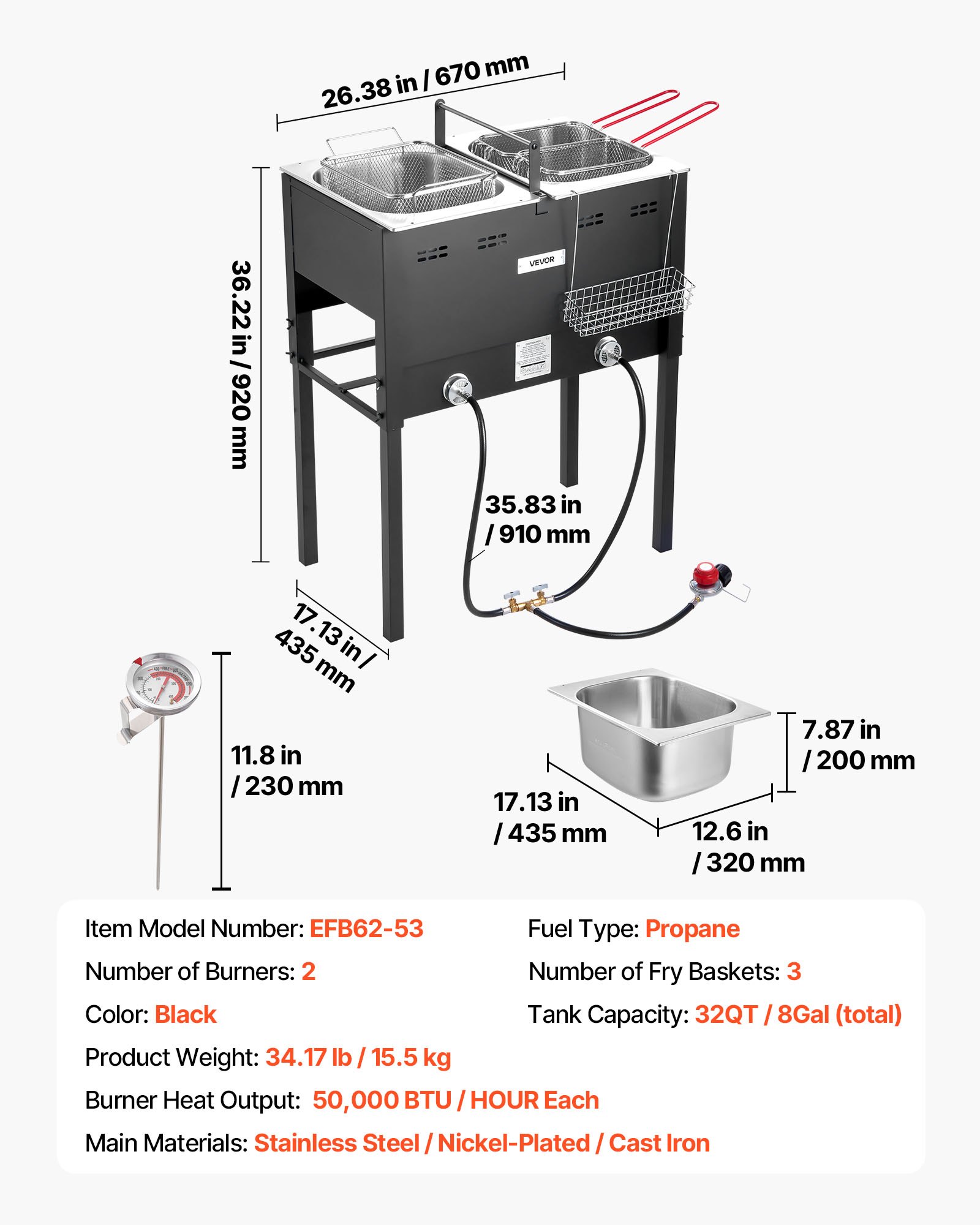VEVOR Outdoor Propane Deep Fryer, Dual-Tank 16QTx2 Large Capacity Commercial Fryer, Stainless Steel Fish Cooker with 3 Basket, Thermometer, Floor Standing Fryers for Catering Event Camping, 50,000 BTU