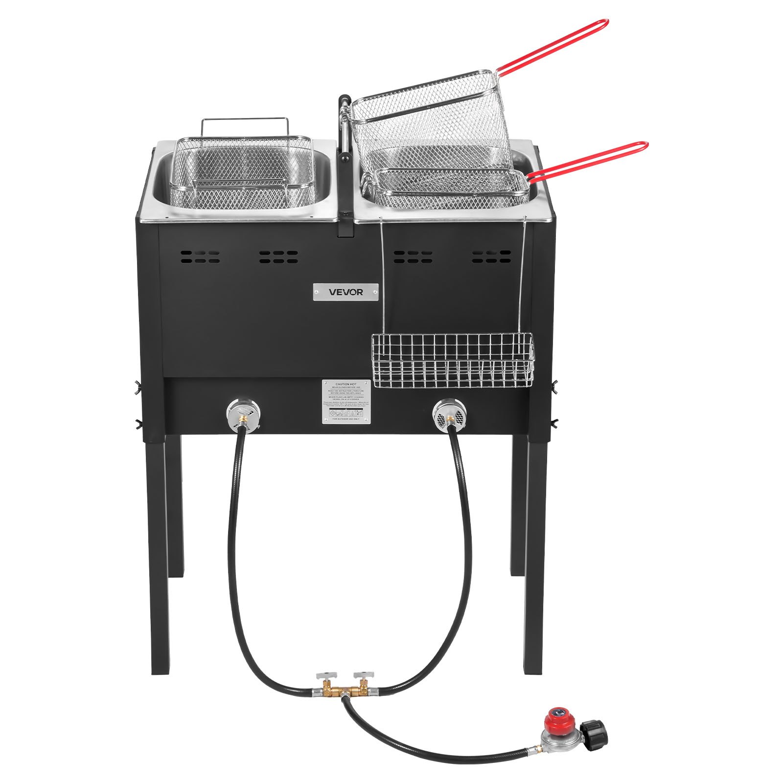 VEVOR Outdoor Propane Deep Fryer, Dual-Tank 16QTx2 Large Capacity Commercial Fryer, Stainless Steel Fish Cooker with 3 Basket, Thermometer, Floor Standing Fryers for Catering Event Camping, 50,000 BTU