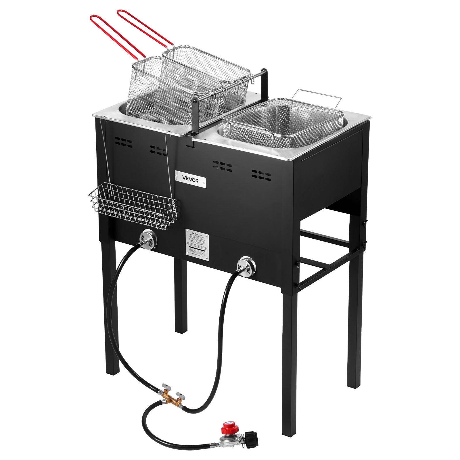 VEVOR Outdoor Propane Deep Fryer, Dual-Tank 16QTx2 Large Capacity Commercial Fryer, Stainless Steel Fish Cooker with 3 Basket, Thermometer, Floor Standing Fryers for Catering Event Camping, 50,000 BTU