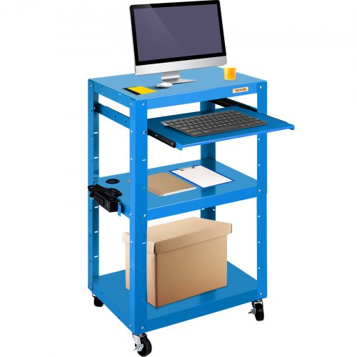 VEVOR Steel AV Cart, 27-41" Height Adjustable Media Cart with 19" x 14" Retracting Keyboard Tray, 24" x 18" Presentation Cart with 3 Shelves, 150 lbs Weight Capacity Suitable, Blue