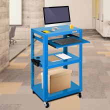 VEVOR Steel AV Cart, 27-41" Height Adjustable Media Cart with 19" x 14" Retracting Keyboard Tray, 24" x 18" Presentation Cart with 3 Shelves, 150 lbs Weight Capacity Suitable, Blue