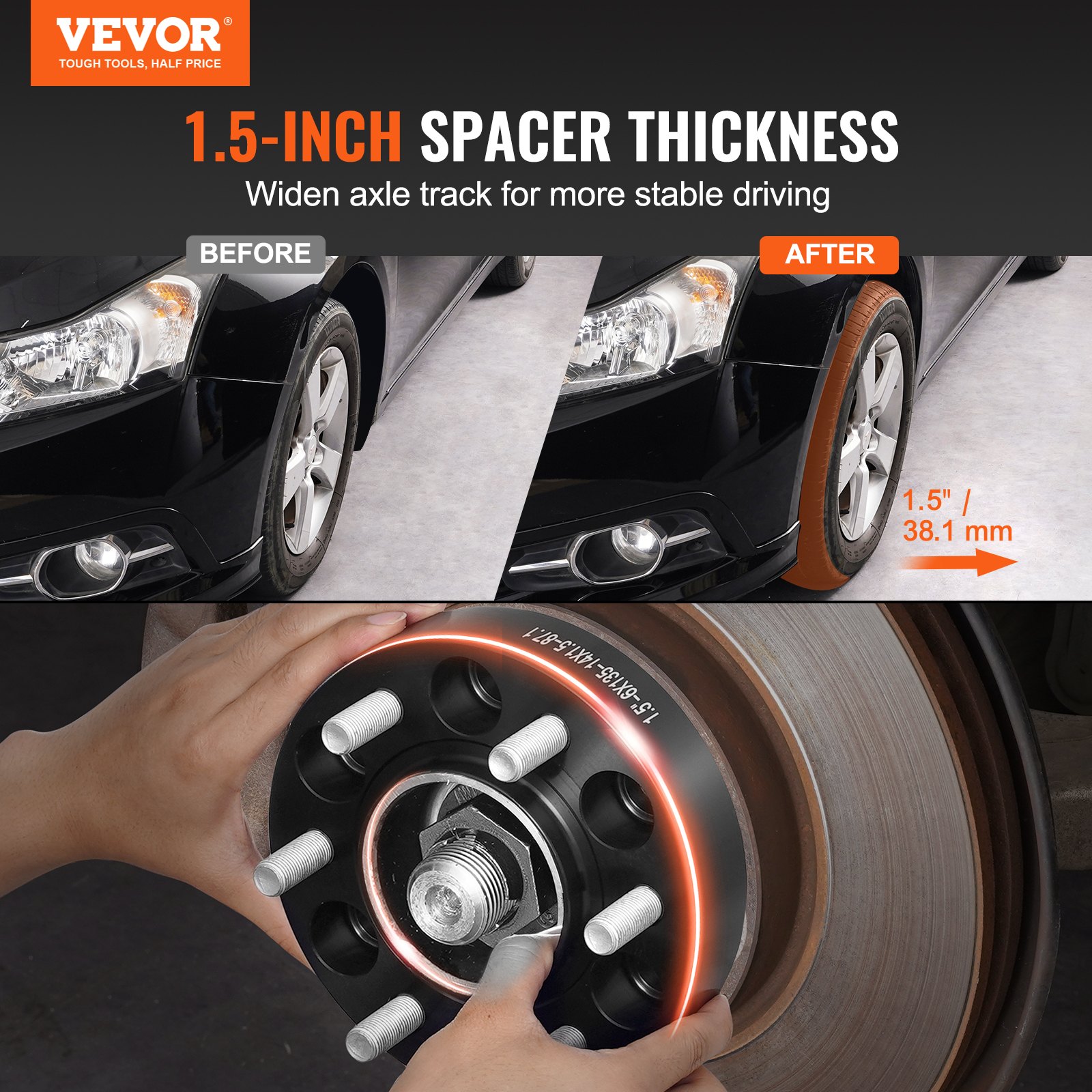 VEVOR Wheel Spacers, 1.5" 6"x5.3" Wheel Adapters, 6 Lug Forged Spacer, 87.1 mm Bore Hubcentric M14 x1.5 Studs Spacers, Fit for Ford F150, Expedition, Lobo, Navigator, 4 PCS Black