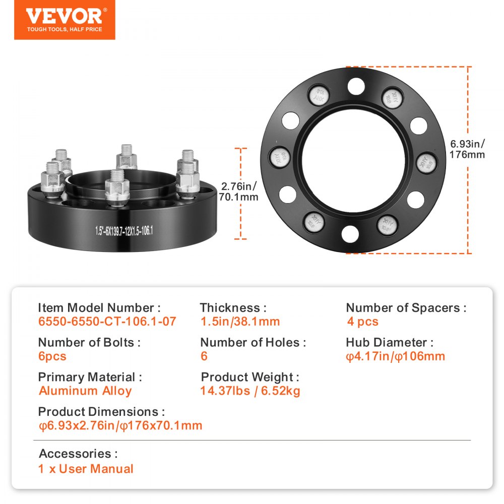 VEVOR Wheel Spacers, 1.5" 6"x5.5" Wheel Adapters, 6 Lug Forged Spacer, 106.1 mm Bore Hubcentric M12 x1.5 Studs Spacers, Fit for 1996-2022 Toyota and Lexus, 4 PCS Black