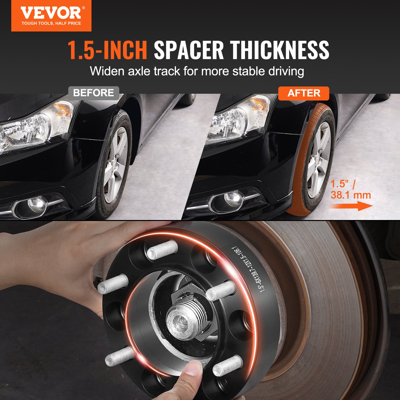 VEVOR Wheel Spacers, 1.5" 6"x5.5" Wheel Adapters, 6 Lug Forged Spacer, 106.1 mm Bore Hubcentric M12 x1.5 Studs Spacers, Fit for 1996-2022 Toyota and Lexus, 4 PCS Black