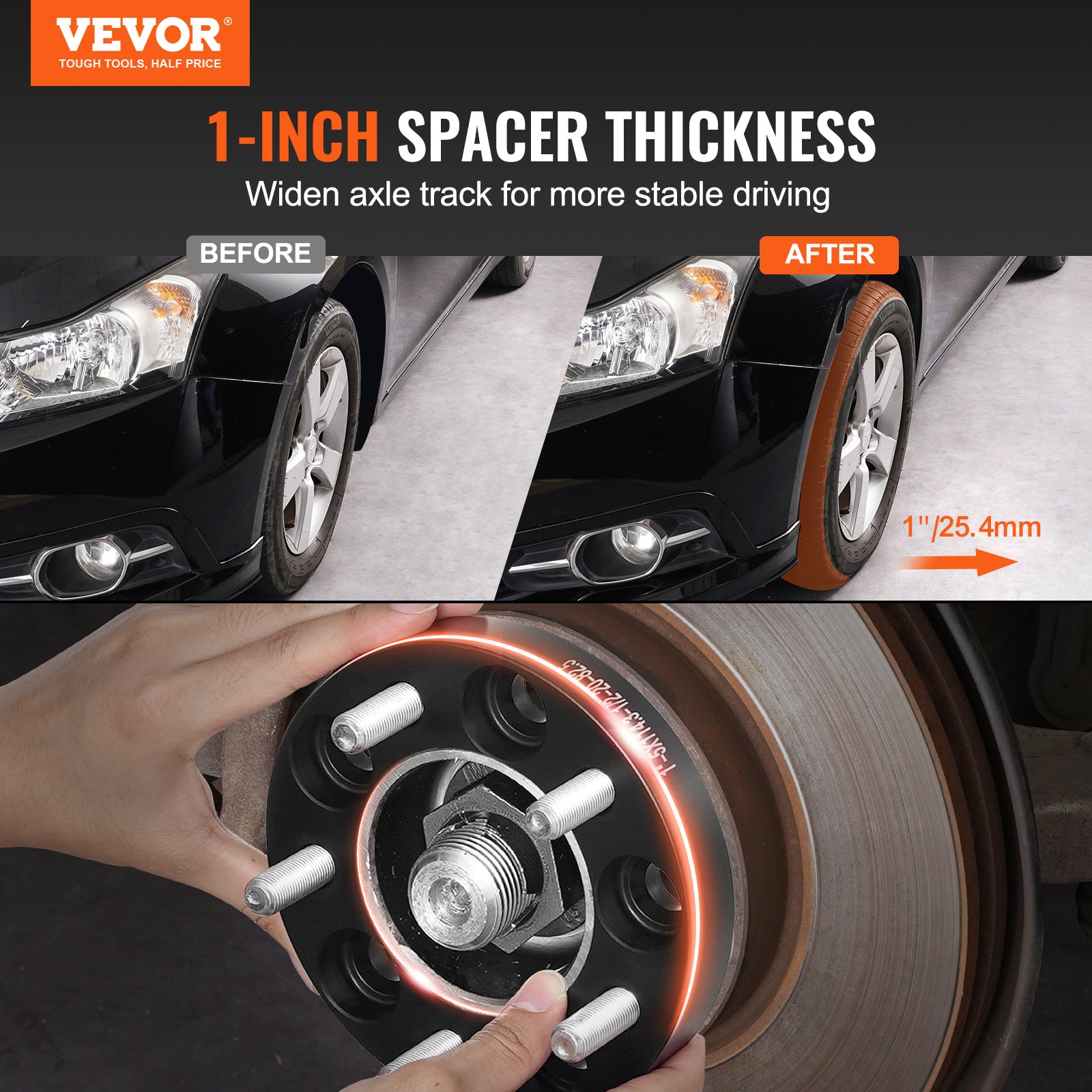 VEVOR Wheel Spacers, 1" 5"x4.5" Wheel Adapters, 5 Lug Forged Spacer, 82.5 mm Bore Hubcentric 1/2"-20 Studs Spacers, Fit for 1984-2013 Jeep and Ford, 4 PCS Black