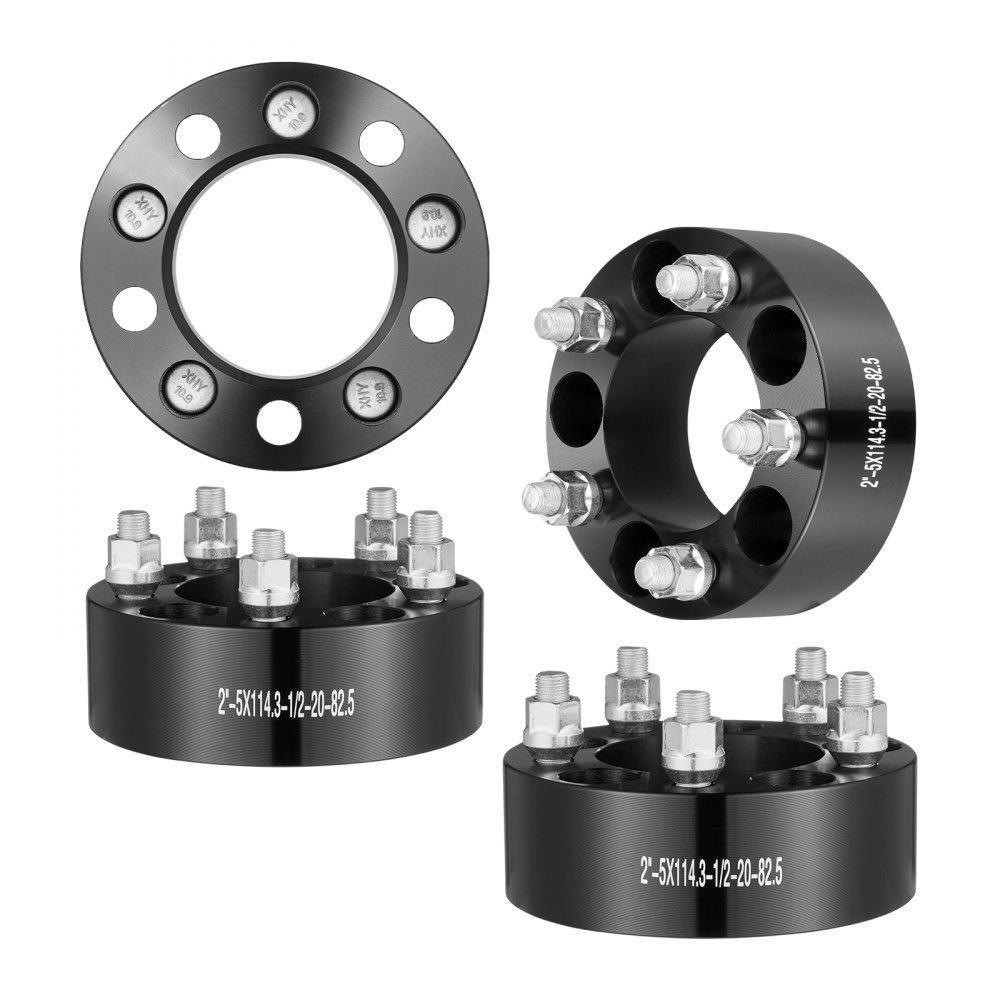 black VEVOR wheel spacers with bolts and engraved specifications, featuring 5-hole design