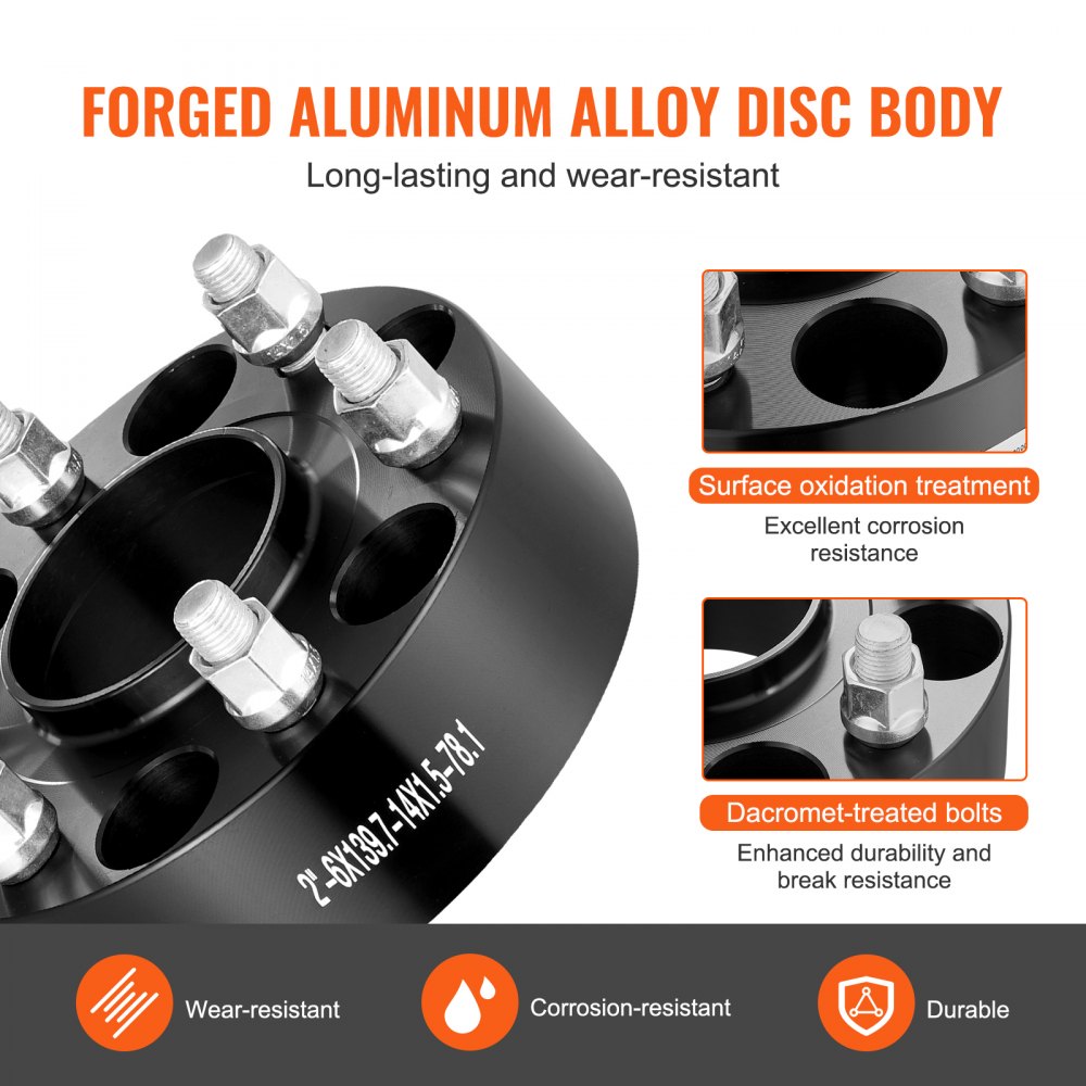 VEVOR Wheel Spacers, 2" 6"x5.5" Wheel Adapters, 6 Lug Forged Spacer, 78.1 mm Bore Hubcentric M14 x1.5 Studs Spacers, Fit for 1984-2018 Chevrolet, GMC, and Cadillac, 4 PCS Black