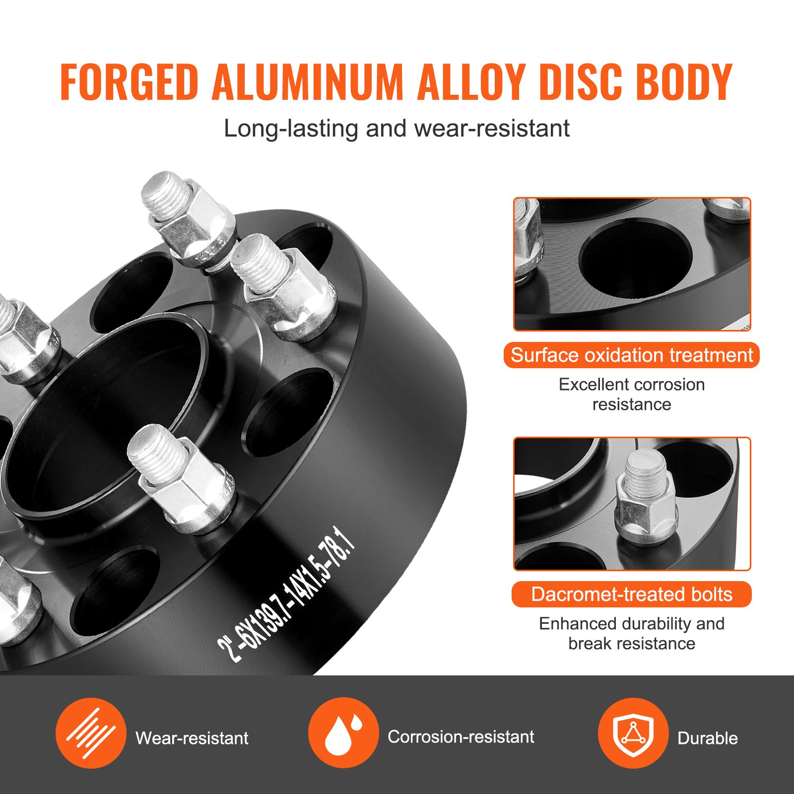 VEVOR Wheel Spacers, 2" 6"x5.5" Wheel Adapters, 6 Lug Forged Spacer, 78.1 mm Bore Hubcentric M14 x1.5 Studs Spacers, Fit for 1984-2018 Chevrolet, GMC, and Cadillac, 4 PCS Black