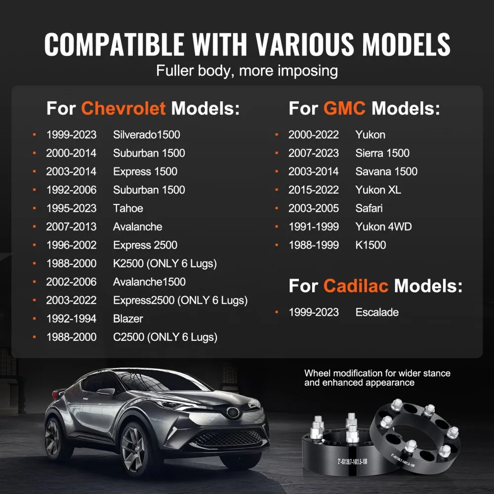 VEVOR Wheel Spacers, 2" 6"x5.5" Wheel Adapters, 6 Lug Forged Spacer, 108 mm Bore Hubcentric M14 x1.5 Studs Spacers, Fit for 1988-2023 Chevrolet, GMC, and Cadillac, 4 PCS Black