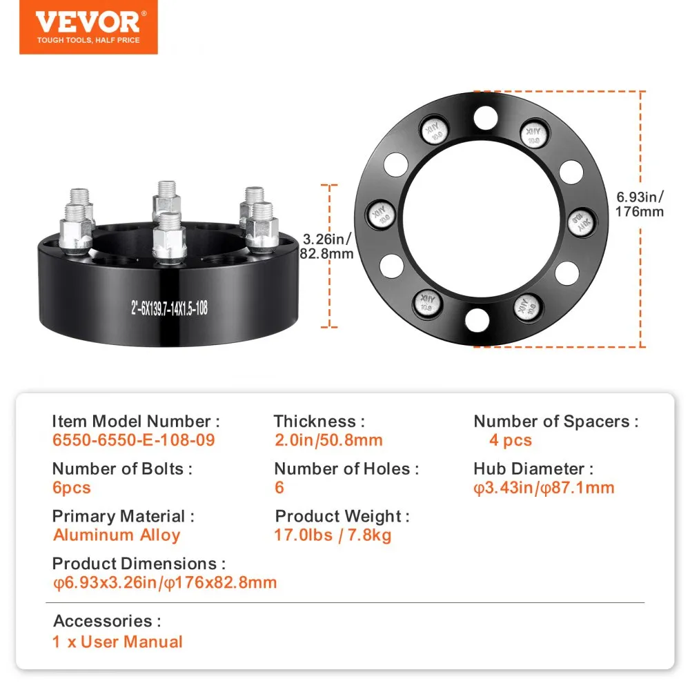 VEVOR Wheel Spacers, 2" 6"x5.5" Wheel Adapters, 6 Lug Forged Spacer, 108 mm Bore Hubcentric M14 x1.5 Studs Spacers, Fit for 1988-2023 Chevrolet, GMC, and Cadillac, 4 PCS Black