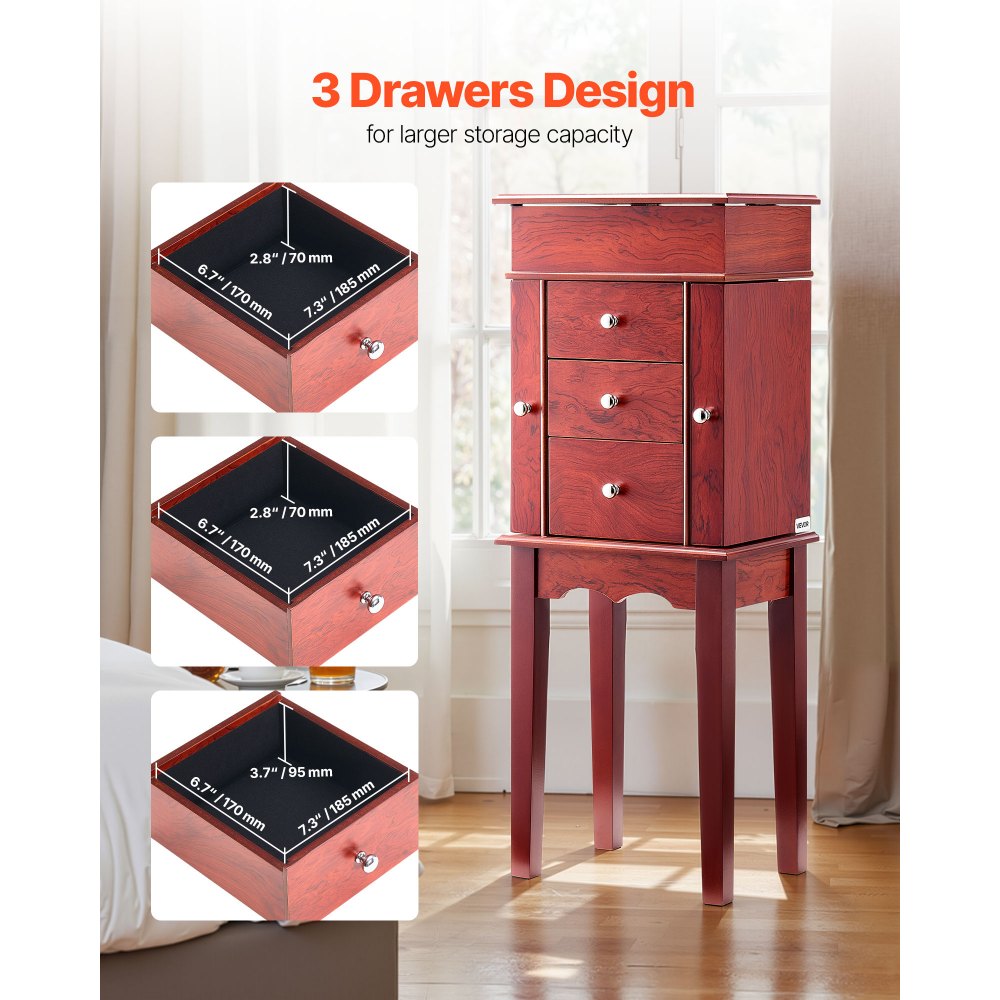 VEVOR Jewelry Cabinet Armoire, Standing Wood Jewelry Storage Chest with 3 Drawers, Flip Top Mirror, 4 Top Storage Compartments, Zinc Alloy Handles, 2 Side Doors with 6 Necklace Hooks