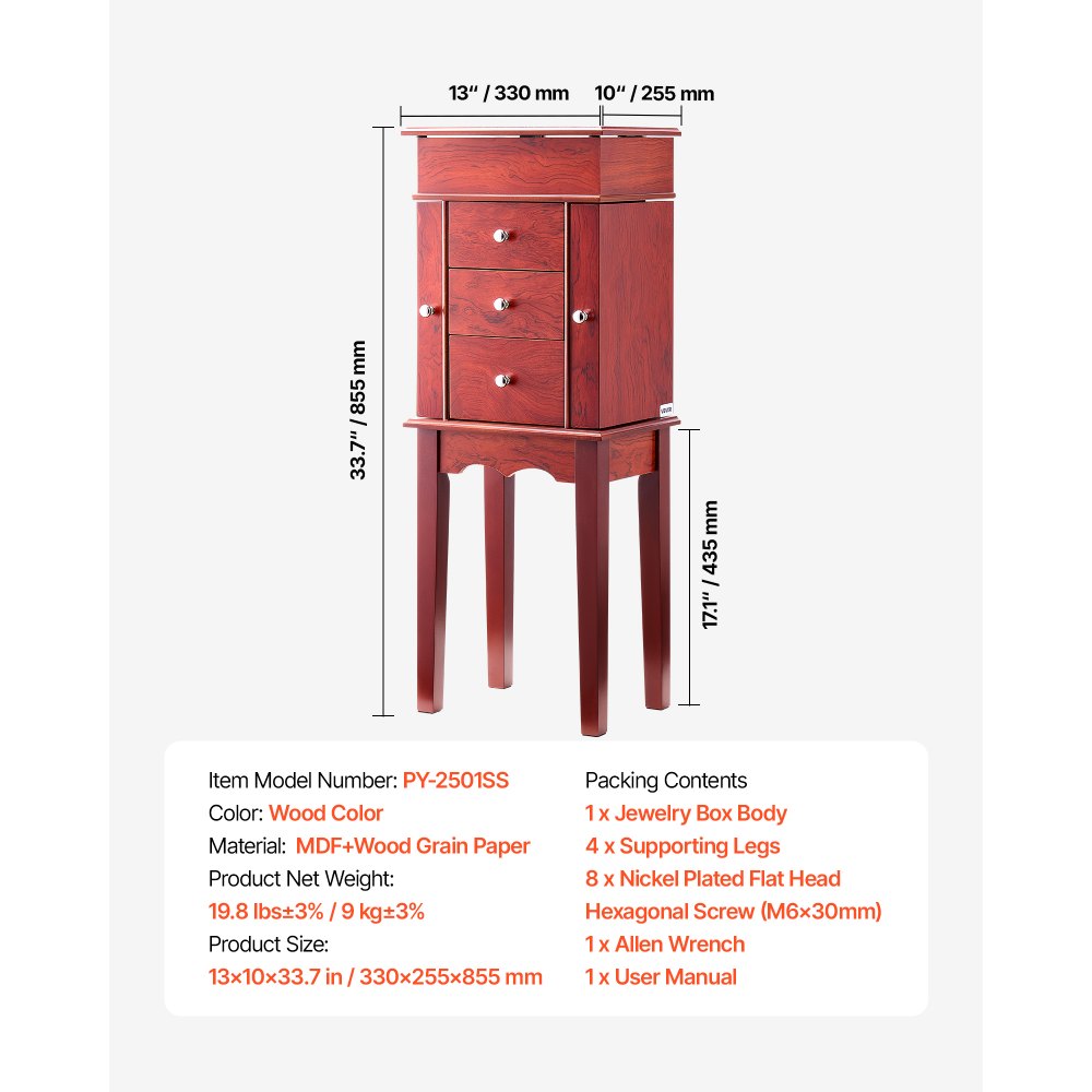 VEVOR Jewelry Cabinet Armoire, Standing Wood Jewelry Storage Chest with 3 Drawers, Flip Top Mirror, 4 Top Storage Compartments, Zinc Alloy Handles, 2 Side Doors with 6 Necklace Hooks