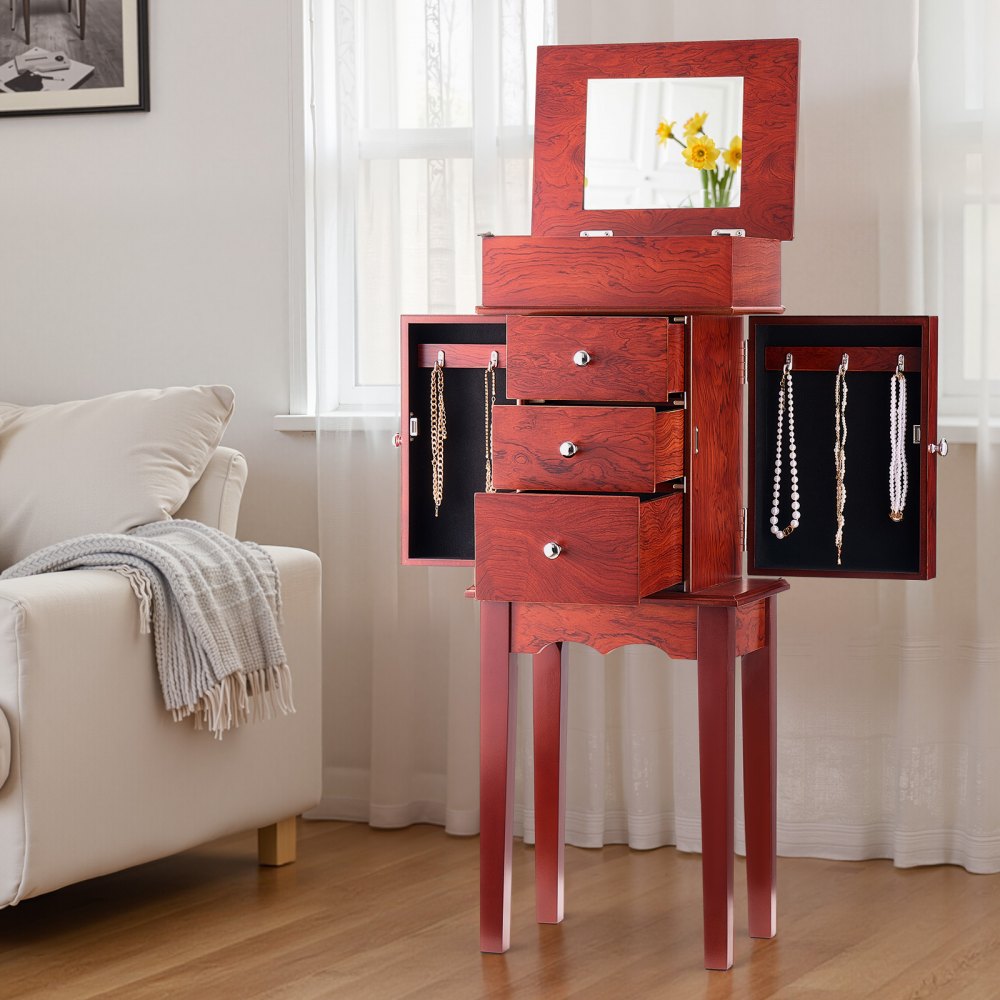 VEVOR Jewelry Cabinet Armoire, Standing Wood Jewelry Storage Chest with 3 Drawers, Flip Top Mirror, 4 Top Storage Compartments, Zinc Alloy Handles, 2 Side Doors with 6 Necklace Hooks