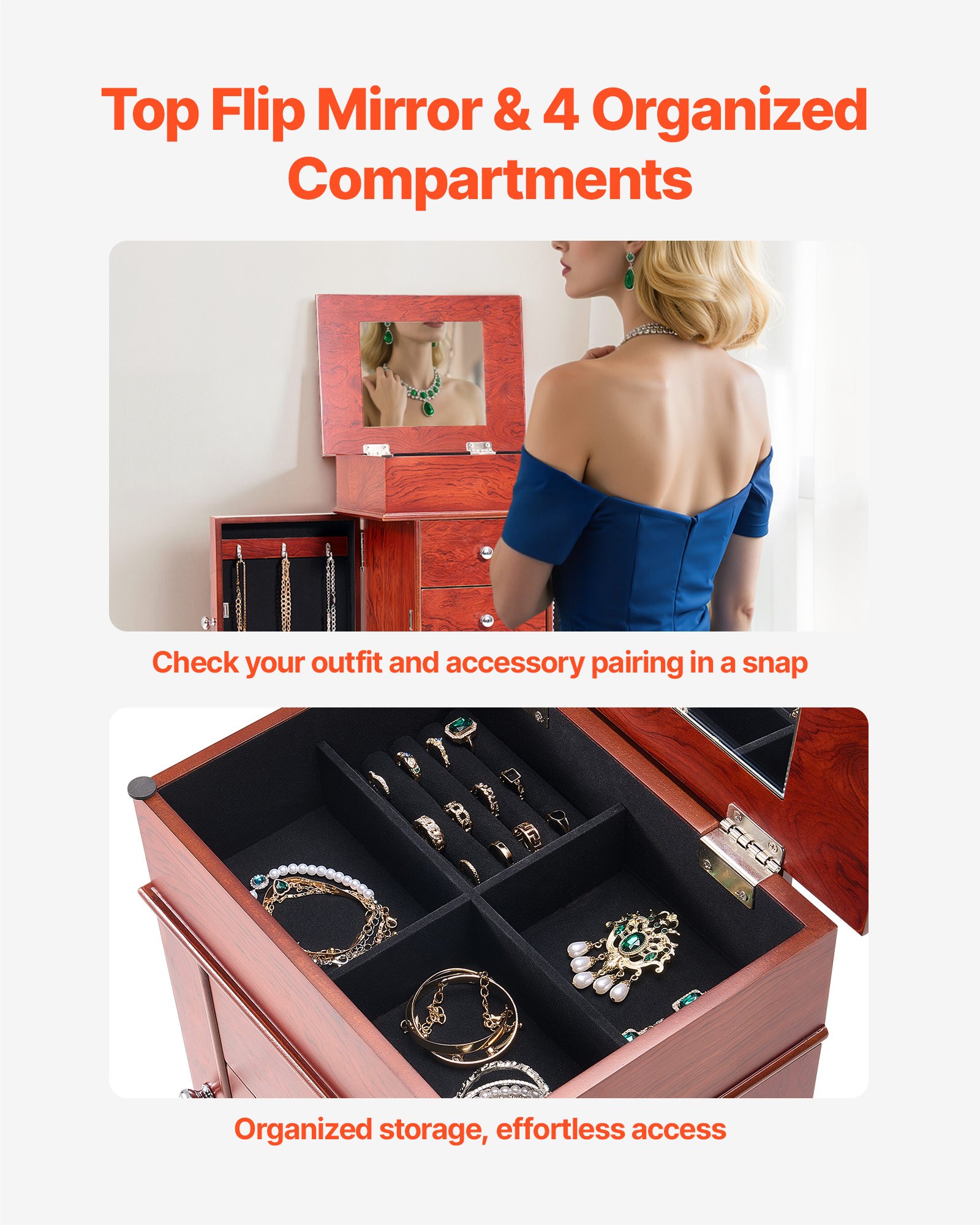 VEVOR Jewelry Cabinet Armoire, Standing Wood Jewelry Storage Chest with 3 Drawers, Flip Top Mirror, 4 Top Storage Compartments, Zinc Alloy Handles, 2 Side Doors with 6 Necklace Hooks