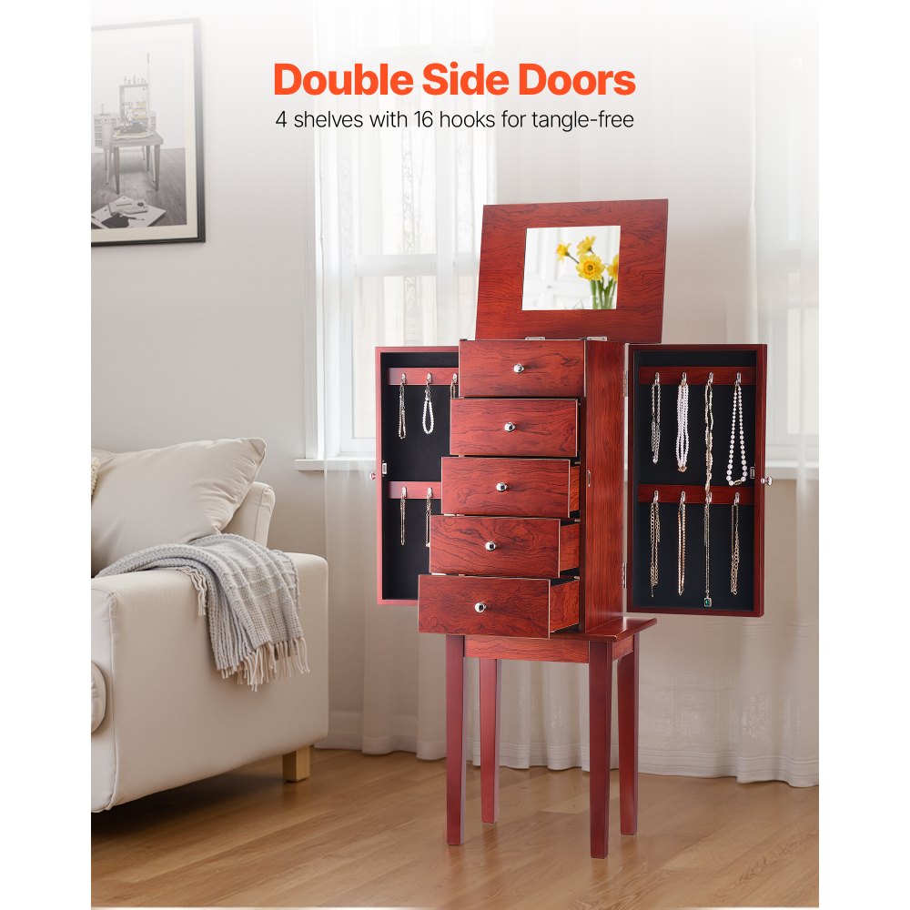 VEVOR Jewelry Cabinet Armoire, Standing Wood Jewelry Storage Chest with 4 Spacious Drawers, Flip Top Mirror, 4 Top Storage Compartments, Zinc Alloy Handles, 2 Side Doors with 16 Necklace Hooks