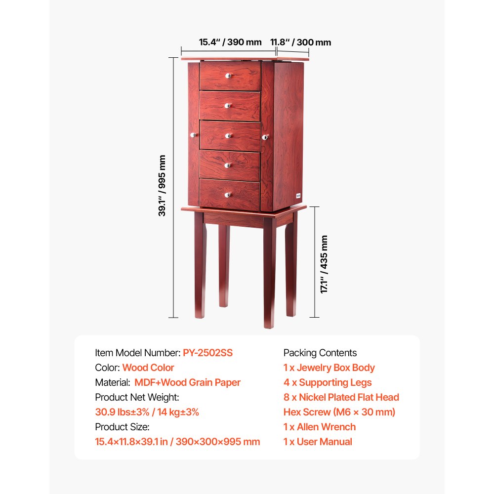 VEVOR Jewelry Cabinet Armoire, Standing Wood Jewelry Storage Chest with 4 Spacious Drawers, Flip Top Mirror, 4 Top Storage Compartments, Zinc Alloy Handles, 2 Side Doors with 16 Necklace Hooks