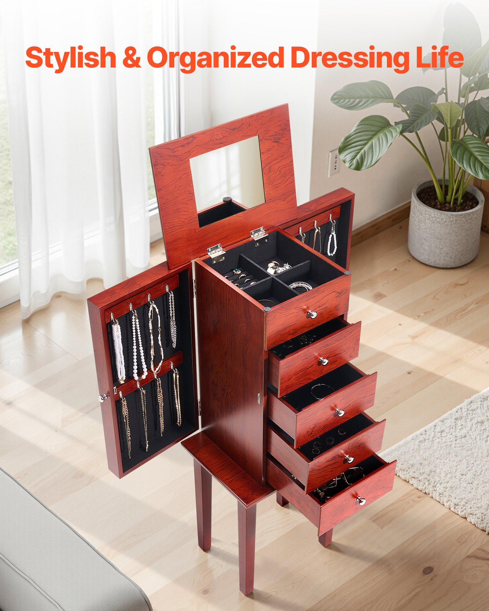 VEVOR Jewelry Cabinet Armoire, Standing Wood Jewelry Storage Chest with 4 Spacious Drawers, Flip Top Mirror, 4 Top Storage Compartments, Zinc Alloy Handles, 2 Side Doors with 16 Necklace Hooks