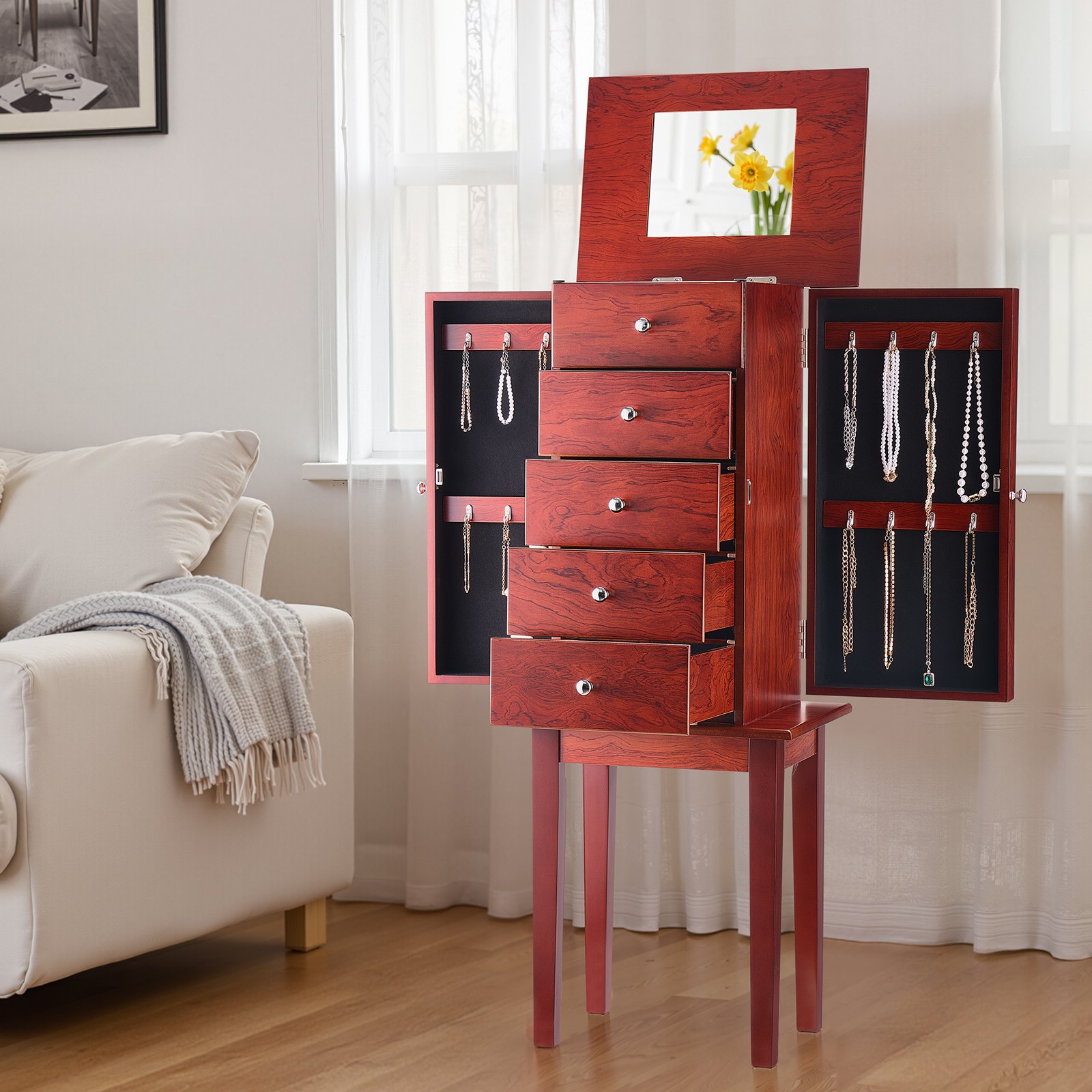 VEVOR Jewelry Cabinet Armoire, Standing Wood Jewelry Storage Chest with 4 Spacious Drawers, Flip Top Mirror, 4 Top Storage Compartments, Zinc Alloy Handles, 2 Side Doors with 16 Necklace Hooks