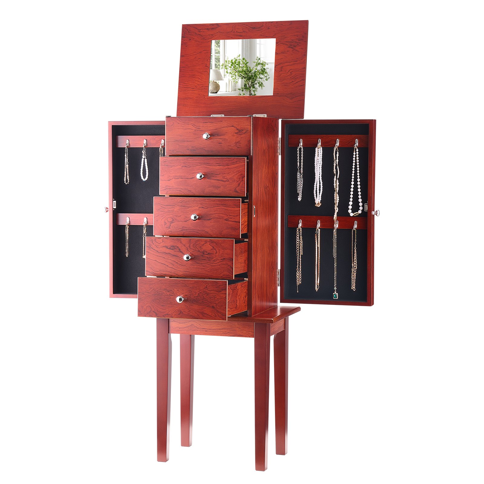 VEVOR Jewelry Cabinet Armoire, Standing Wood Jewelry Storage Chest with 4 Spacious Drawers, Flip Top Mirror, 4 Top Storage Compartments, Zinc Alloy Handles, 2 Side Doors with 16 Necklace Hooks