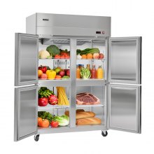 VEVOR Commercial Refrigerator, 31.89 in Width Reach In Upright Refrigeration Four Door, 31.4 Cu.ft Auto-Defrost Stainless Steel Refrigerator with 6 Adjustable Shelves, 32 to 50℉ Temp Range, 4 Wheels