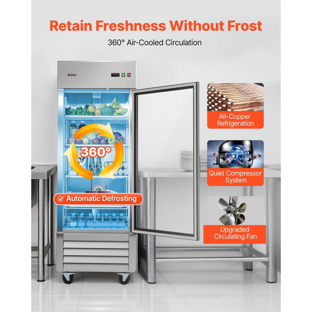 VEVOR Commercial Refrigerator, 29.02 in Width Reach In Upright Refrigeration Single Glass Door, 21.5 Cu.ft Auto-Defrost Stainless Steel Refrigerator with 4 Adjustable Shelves, 32 to 50℉ Temp Range