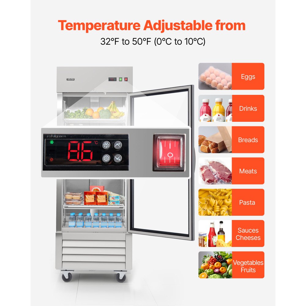VEVOR Commercial Refrigerator, 29.02 in Width Reach In Upright Refrigeration Single Glass Door, 21.5 Cu.ft Auto-Defrost Stainless Steel Refrigerator with 4 Adjustable Shelves, 32 to 50℉ Temp Range